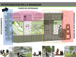 INTERVENCION EN LA MANZANA

ESCUELA DE
ARQUITECTURA

MUSEO DE ARTE CONSTRUIDO

ESTACIONAMIENTO

PASEO DE ARTESANOS

 