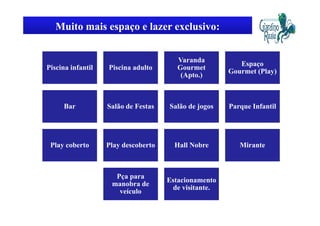 Muito mais espaço e lazer exclusivo:


                                        Varanda
                                                         Espaço
                                                         E
Piscina infantil   Piscina adulto       Gourmet
                                                      Gourmet (Play)
                                         (Apto.)



     Bar           Salão de Festas   Salão de jogos   Parque Infantil




 Play coberto      Play descoberto     Hall Nobre        Mirante



                     Pça para
                                     Estacionamento
                    manobra de
                                      de visitante.
                                         vs      e.
                      veículo
                        í l
 
