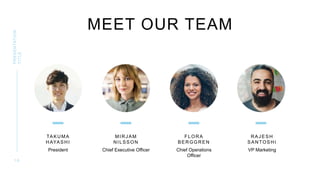 MEET OUR TEAM
PRESENTATION
TITLE
1 6
TAKUMA
HAYASHI
President
MIRJAM
NILSSON
Chief Executive Officer
FLORA
BERGGREN
Chief Operations
Officer
RAJESH
SANTOSHI
VP Marketing
 