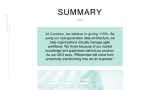 SUMMARY
PRESENTATION
TITLE
2 2
At Contoso, we believe in giving 110%. By
using our next-generation data architecture, we
help organizations virtually manage agile
workflows. We thrive because of our market
knowledge and great team behind our product.
As our CEO says, "Efficiencies will come from
proactively transforming how we do business."
 