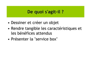 De quoi s'agit-il ?
• Dessiner et créer un objet
• Rendre tangible les caractéristiques et
les bénéfices attendus
• Présenter la "service box"
 