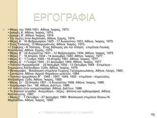 4Ο ΓΥΜΝΑΣΙΟ ΗΡΑΚΛΕΙΟΥ- Γ1 - Γ. ΣΕΦΕΡΗΣ 
15 
• Μέρες του 1945-1951. Αθήνα, Ίκαρος, 1973. • Δοκιμές Α’. Αθήνα, Ίκαρος, 1974. • Δοκιμές Β’. Αθήνα, Ίκαρος, 1974. • Έξι νύχτες στην Ακρόπολη. Αθήνα, Ερμής, 1974. • Μέρες Α’ · 16 Φεβρουαρίου 1925 - 17 Αυγούστου 1931. Αθήνα, Ίκαρος, 1975. • Ένας Έλληνας · Ο Μακρυγιάννης. Αθήνα, Ίκαρος, 1975. • Γ.Σεφέρης - Κ.Τσάτσος · Ένας διάλογος για την ποίηση · επιμέλεια Λουκάς Κούσουλας. Αθήνα, Ερμής, 1975. • Μέρες Β’ · 24 Αυγούστου 1931 - 12 Φεβρουαρίου 1934. Αθήνα, Ίκαρος, 1975. • Μέρες Γ’ · 16 Απρίλη 1934 - 14 Δεκέμβρη 1940. Αθήνα, Ίκαρος, 1977. • Μέρες Ε’ · 1 Γενάρη 1945 - 19 Απρίλη 1951. Αθήνα, Ίκαρος, 1977. • Μέρες Δ’ · 1 Γενάρη 1944 - 31 Δεκέμβρη 1944. Αθήνα, Ίκαρος, 1977. • Πολιτικό ΗμερολόγιοΑ΄ · 25 Νοέμβρη 1935 - 13 Οκτώβρη 1944 · Επιμέλεια - Σημειώσεις Αλέξανδρου Ξύδη. Αθήνα, Ίκαρος, 1979. • Μεταγραφές · Φιλολογική επιμέλεια Γιώργης Γιατρομανωλάκης. Αθήνα, Λέσχη, 1980. • Σαντορίνη. Αθήνα, Αρχείο Θηραϊκών μελετών, 1984. • Πολιτικό ημερολόγιο Β΄ · 1945 - 1947, 1949, 1952 · επιμέλεια - σημειώσεις Αλέξανδρου Ξύδη. Αθήνα, Ίκαρος, 1985. • Μέρες Στ’ · 20 Απρίλη 1951 - 4 Αυγούστου 1956. Αθήνα, Ίκαρος, 1986. • Χειρόγραφο Οκτ. ‘ 68. Αθήνα, Διάττων, 1986. • Η ποίηση στον κινηματογράφο. Αθήνα, Διάττων, 1986. • Το βυσσινί τετράδιο · Ανεμολόγιο - λέξεις - βότανα και ορθογραφικά. Αθήνα, Καστανιώτης, 1987. • ΜέρεςΖ΄ · 1 Οκτώβρη - 27 Δεκέμβρη 1960· Φιλολογική επιμέλεια Θεανώ Ν. Μιχαηλίδου. Αθήνα, Ίκαρος, 1990. 
15  