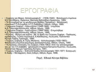 4Ο ΓΥΜΝΑΣΙΟ ΗΡΑΚΛΕΙΟΥ- Γ1 - Γ. ΣΕΦΕΡΗΣ 
17 
• Σεφέρης και Μαρώ· Αλληλογραφία Α΄ · (1936-1940) · Φιλολογική επιμέλεια Μ.Ζ.Κοπιδάκης. Ηράκλειο, Βικελαία Βιβλιοθήκη Ηρακλείου, 1989. • Τα Εντεψίζικα (με το ψευδώνυμο Μαθιός Πασχάλης) · Φιλολογική επιμέλεια Γ.Π.Ευτυχίδης (=Γ.Π.Σαββίδης). Αθήνα, Λέσχη, 1989. • Γράμματα Σεφέρη - Λορεντζάτου (1948-1968) · επιμέλεια Ν.Δ.Τριανταφυλλόπουλος. Αθήνα, Δόμος, 1990. • Γράμματα Σεφέρη - Λορεντζάτου (1948-1968) · Επιμελήθηκε Ν.Δ.Τριανταφυλλόπουλος. Αθήνα, Δόμος, 1990. • Κύπρος · Μνήμη και αγάπη · Με το φακό του Γιώργου Σεφέρη · Πρόλογος, σχεδιασμός, Γενική επιμέλεια Ε.Χ.Κάσδαγλης. Λευκωσία, Πολιτιστικό Κέντρο Λαϊκής Τράπεζας, 1990. • Γιώργος Σεφέρης & Τίμος Μαλάνος · Αλληλογραφία (1935-1963) · Φιλολογική επιμέλεια Δημήτρης Δασκαλόπουλος. Αθήνα, Ολκός, 1990. • ‘Κυπριακές’ επιστολές του Σεφέρη (1954-1963)· Από την αλληλογραφία του με τον Γ.Π.Σαββίδη · φιλολογική επιμέλεια Κατερίνα Κωστίου. Λευκωσία, Πολιτιστικό Ίδρυμα Τραπέζης Κύπρου, 1991. • Γιώργος Σεφέρης – Edmund Keeley Αλληλογραφία 1951-1971· Εισαγωγή: E.Keely – Μετάφραση: Αλόη Σιδέρη. Αθήνα, Άγρα, 1998. 
Πηγή : Εθνικό Κέντρο Βιβλίου 
17  