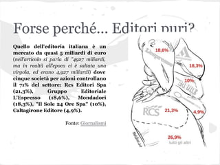 Forse perché... Editori puri?
Quello dell'editoria italiana è un
mercato da quasi 5 miliardi di euro
(nell'articolo si par...