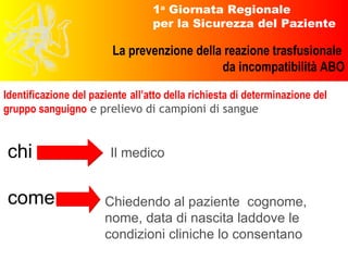 Identificazione del paziente   all’atto della richiesta di determinazione del gruppo sanguigno  e prelievo di campioni di sangue chi come Il medico Chiedendo al paziente  cognome, nome, data di nascita laddove le condizioni cliniche lo consentano  