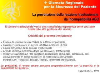 Il settore trasfusionale vanta una consolidata esperienza delle strategie finalizzate alla gestione del rischio. Criticità del processo trasfusionale Rischio di reazioni severe/fatali da ABO incompatibilità Possibile trasmissione di agenti infettivi mediante EC/ED Ampia diffusione della terapia trasfusionale Grande impatto mediatico degli eventi avversi trasfusionali Processo trasfusionale (dal donatore al paziente) complesso, articolato, con  coinvolgimento in tempi successivi di molti operatori sanitari:  medici (SIMT/Reparto), biologi, tecnici, infermieri professionali.  Le probabilità di errore umano crescono proporzionalmente con la quantità e la complessità dei processi.  Taswell H.F., 1991 
