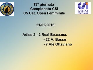13° giornata
Campionato CSI
C5 Cat. Open Femminile
21/02/2016
Adiss 2 - 2 Real Be.ca.ma.
- 22 A. Basso
- 7 Ale Ottaviano
 