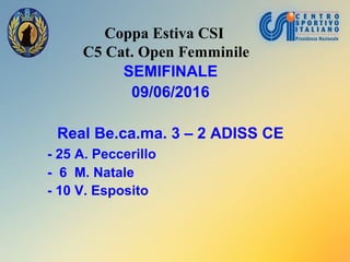 Coppa Estiva CSI
C5 Cat. Open Femminile
SEMIFINALE
09/06/2016
Real Be.ca.ma. 3 – 2 ADISS CE
- 25 A. Peccerillo
- 6 M. Natale
- 10 V. Esposito