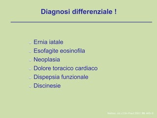 Ernia iatale
Esofagite eosinofila
Neoplasia
Dolore toracico cardiaco
Dispepsia funzionale
Discinesie
Nathoo, Int J Clin Pract 2001; 55: 465–9.
Diagnosi differenziale !
 