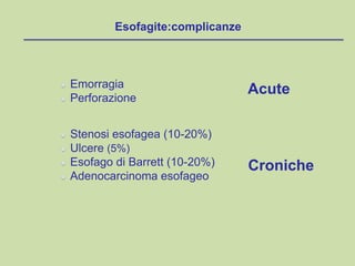 Emorragia
Perforazione
Stenosi esofagea (10-20%)
Ulcere (5%)
Esofago di Barrett (10-20%)
Adenocarcinoma esofageo
Esofagite:complicanze
Acute
Croniche
 