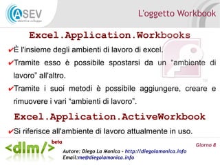 L'oggetto Workbook

      Excel.Application.Workbooks
✔È l'insieme degli ambienti di lavoro di excel.
✔Tramite esso è possibile spostarsi da un “ambiente di
 lavoro” all'altro.
✔Tramite i suoi metodi è possibile aggiungere, creare e
 rimuovere i vari “ambienti di lavoro”.

 Excel.Application.ActiveWorkbook
✔Si riferisce all'ambiente di lavoro attualmente in uso.
                                                                       Giorno 8
                 Autore: Diego La Monica - http://diegolamonica.info
                 Email:me@diegolamonica.info
 