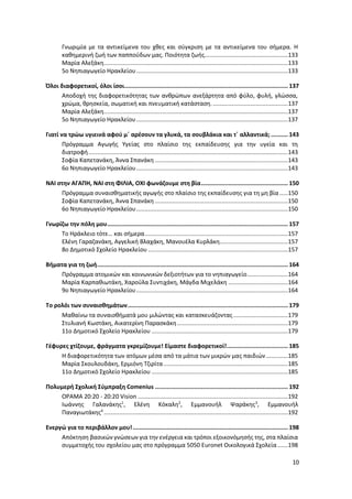 10
Γνωριμία με τα αντικείμενα του χθες και σύγκριση με τα αντικείμενα του σήμερα. Η
καθημερινή ζωή των παππούδων μας. Ποιότητα ζωής.................................................133
Μαρία Αλεξάκη............................................................................................................133
5o Νηπιαγωγείο Ηρακλείου.........................................................................................133
Όλοι διαφορετικοί, όλοι ίσοι................................................................................................ 137
Αποδοχή της διαφορετικότητας των ανθρώπων ανεξάρτητα από φύλο, φυλή, γλώσσα,
χρώμα, θρησκεία, σωματική και πνευματική κατάσταση.............................................137
Μαρία Αλεξάκη............................................................................................................137
5o Νηπιαγωγείο Ηρακλείου.........................................................................................137
Γιατί να τρώω υγιεινά αφού μ΄ αρέσουν τα γλυκά, τα σουβλάκια και τ΄ αλλαντικά; .......... 143
Πρόγραμμα Αγωγής Υγείας στο πλαίσιο της εκπαίδευσης για την υγεία και τη
διατροφή.....................................................................................................................143
Σοφία Καπετανάκη, Άννα Σπανάκη ..............................................................................143
6ο Νηπιαγωγείο Ηρακλείου.........................................................................................143
NAI στην ΑΓΑΠΗ, ΝΑΙ στη ΦΙΛΙΑ, ΟΧΙ φωνάζουμε στη βία................................................... 150
Πρόγραμμα συναισθηματικής αγωγής στο πλαίσιο της εκπαίδευσης για τη μη βία.....150
Σοφία Καπετανάκη, Άννα Σπανάκη ..............................................................................150
6ο Νηπιαγωγείο Ηρακλείου.........................................................................................150
Γνωρίζω την πόλη μου.......................................................................................................... 157
Το Ηράκλειο τότε… και σήμερα....................................................................................157
Ελένη Γαραζανάκη, Αγγελική Βλαχάκη, Μανουέλα Κυρλάκη........................................157
8ο Δημοτικό Σχολείο Ηρακλείου ..................................................................................157
Βήματα για τη ζωή................................................................................................................ 164
Πρόγραμμα ατομικών και κοινωνικών δεξιοτήτων για το νηπιαγωγείο........................164
Μαρία Καρπαθιωτάκη, Χαρούλα Συντιχάκη, Μάγδα Μιχελάκη ...................................164
9ο Νηπιαγωγείο Ηρακλείου.........................................................................................164
Το ρολόι των συναισθημάτων.............................................................................................. 179
Μαθαίνω τα συναισθήματά μου μιλώντας και κατασκευάζοντας ................................179
Στυλιανή Κωστάκη, Αικατερίνη Παρασκάκη.................................................................179
11ο Δημοτικό Σχολείο Ηρακλείου ................................................................................179
Γέφυρες χτίζουμε, φράγματα γκρεμίζουμε! Είμαστε διαφορετικοί!.................................... 185
Η διαφορετικότητα των ατόμων μέσα από τα μάτια των μικρών μας παιδιών.............185
Μαρία Σκουλουδάκη, Ερμιόνη Τζιρίτα.........................................................................185
11ο Δημοτικό Σχολείο Ηρακλείου ................................................................................185
Πολυμερή Σχολική Σύμπραξη Comenius .............................................................................. 192
ΟΡΑΜΑ 20:20 - 20:20 Vision ........................................................................................192
Ιωάννης Γαλανάκης1
, Ελένη Κόκαλη2
, Εμμανουήλ Ψαράκης3
, Εμμανουήλ
Παναγιωτάκης4
............................................................................................................192
Ενεργώ για το περιβάλλον μου!........................................................................................... 198
Απόκτηση βασικών γνώσεων για την ενέργεια και τρόποι εξοικονόμησής της, στα πλαίσια
συμμετοχής του σχολείου μας στο πρόγραμμα 5050 Euronet Οικολογικά Σχολεία ......198
 