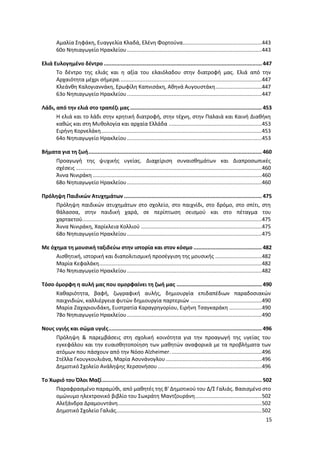 15
Αμαλία Σηφάκη, Ευαγγελία Κλαδά, Ελένη Φορτούνα...................................................443
60ο Νηπιαγωγείο Ηρακλείου.......................................................................................443
Ελιά Ευλογημένο δέντρο ...................................................................................................... 447
Το δέντρο της ελιάς και η αξία του ελαιόλαδου στην διατροφή μας. Ελιά από την
Αρχαιότητα μέχρι σήμερα............................................................................................447
Κλεάνθη Καλογιαννάκη, Ερωφίλη Καπνισάκη, Αθηνά Αυγουστάκη..............................447
63ο Νηπιαγωγείο Ηρακλείου.......................................................................................447
Λάδι, από την ελιά στο τραπέζι μας ..................................................................................... 453
Η ελιά και το λάδι στην κρητική διατροφή, στην τέχνη, στην Παλαιά και Καινή Διαθήκη
καθώς και στη Μυθολογία και αρχαία Ελλάδα ............................................................453
Ειρήνη Κορνελάκη........................................................................................................453
64ο Νηπιαγωγείο Ηρακλείου.......................................................................................453
Βήματα για τη ζωή................................................................................................................ 460
Προαγωγή της ψυχικής υγείας. Διαχείριση συναισθημάτων και Διαπροσωπικές
σχέσεις ........................................................................................................................460
Άννα Νινιράκη .............................................................................................................460
68ο Νηπιαγωγείο Ηρακλείου.......................................................................................460
Πρόληψη Παιδικών Ατυχημάτων ......................................................................................... 475
Πρόληψη παιδικών ατυχημάτων στο σχολείο, στο παιχνίδι, στο δρόμο, στο σπίτι, στη
θάλασσα, στην παιδική χαρά, σε περίπτωση σεισμού και στο πέταγμα του
χαρταετού....................................................................................................................475
Άννα Νινιράκη, Xαρίκλεια Κολλιού ..............................................................................475
68ο Νηπιαγωγείο Ηρακλείου.......................................................................................475
Με όχημα τη μουσική ταξιδεύω στην ιστορία και στον κόσμο ............................................ 482
Αισθητική, ιστορική και διαπολιτισμική προσέγγιση της μουσικής ..............................482
Μαρία Κεφαλάκη.........................................................................................................482
74ο Νηπιαγωγείο Ηρακλείου.......................................................................................482
Τόσο όμορφη η αυλή μας που ομορφαίνει τη ζωή μας ....................................................... 490
Καθαριότητα, βαφή, ζωγραφική αυλής, δημιουργία επιδαπέδιων παραδοσιακών
παιχνιδιών, καλλιέργεια φυτών δημιουργία παρτεριών ..............................................490
Μαρία Ζαχαριουδάκη, Ευστρατία Καραγρηγορίου, Ειρήνη Τσαγκαράκη .....................490
78ο Νηπιαγωγείο Ηρακλείου.......................................................................................490
Νους υγιής και σώμα υγιές................................................................................................... 496
Πρόληψη & παρεμβάσεις στη σχολική κοινότητα για την προαγωγή της υγείας του
εγκεφάλου και την ευαισθητοποίηση των μαθητών αναφορικά με τα προβλήματα των
ατόμων που πάσχουν από την Νόσο Alzheimer. ..........................................................496
Στέλλα Γκουγκουλιάνα, Μαρία Ασυνάνογλου..............................................................496
Δημοτικό Σχολείο Ανάληψης Χερσονήσου ...................................................................496
Το Χωριό του Όλοι Μαζί....................................................................................................... 502
Παραφρασμένο παραμύθι, από μαθητές της Β' Δημοτικού του Δ/Σ Γαλιάς. Βασισμένο στο
ομώνυμο ηλεκτρονικό βιβλίο του Σωκράτη Μαντζουράνη...........................................502
Αλεξάνδρα Δραμουντάνη.............................................................................................502
Δημοτικό Σχολείο Γαλιάς..............................................................................................502
 