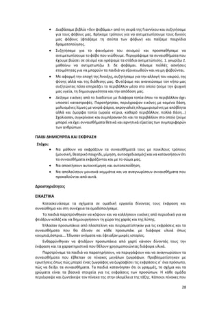 28
 Διαβάσαμε βιβλία «δεν φοβάμαι» από τη σειρά της Γιαννίκου και συζητήσαμε
για τους φόβους μας. Βρήκαμε τρόπους για να αντιμετωπίσουμε τους δικούς
μας φόβους (φτιάξαμε τη σούπα των φόβων) και παίξαμε παιχνίδια
δραματοποίησης.
 Συζητήσαμε για το φαινόμενο του σεισμού και προσπαθήσαμε να
αντιμετωπίσουμε το φόβο που νιώθουμε. Περιγράψαμε τα συναισθήματα που
έχουμε βιώσει σε σεισμό και γράψαμε τα στάδια αντιμετώπισης. 1. γνωρίζω 2.
μαθαίνω να αντιμετωπίζω 3. δε φοβάμαι. Κάναμε πολλές ασκήσεις
ετοιμότητας για να μπορούν τα παιδιά να εξοικειωθούν και να μη φοβούνται.
 Με αφορμή την εποχή της Άνοιξης, συζητήσαμε για την αλλαγή του καιρού, της
φύσης αλλά και της διάθεσης μας. Φυτέψαμε και ανανεώσαμε τον κήπο μας
συζητώντας πόσο επηρεάζει το περιβάλλον μέσα στο οποίο ζούμε την ψυχική
μας υγεία, τη δημιουργικότητα και την απόδοση μας.
 Δείξαμε εικόνες από το διαδίκτυο με διάφορα τοπία όπου το περιβάλλον έχει
υποστεί καταστροφές. Παρατήρησαν, περιέγραψαν εικόνες με καμένα δάση,
μολυσμένες λίμνες με νεκρά ψάρια, ακρογιαλιές πλημμυρισμένες με απόβλητα
αλλά και όμορφα τοπία (ωραία κτίρια, καθαρό περιβάλλον, πολλά δάση…)
Σχολίασαν, συγκρίνανε και συμπέραναν ότι και το περιβάλλον στο οποίο ζούμε
μπορεί να έχει συναισθήματα θετικά και αρνητικά εξαιτίας των συμπεριφορών
των ανθρώπων.
ΠΑΙΔΙ ΔΗΜΙΟΥΡΓΙΑ ΚΑΙ ΕΚΦΡΑΣΗ
Στόχοι:
 Να μάθουν να εκφράζουν τα συναισθήματά τους με ποικίλους τρόπους
(μουσική, θεατρικό παιχνίδι, μίμηση, αυτοσχεδιασμός) και να κατανοήσουν ότι
τα συναισθήματα εκφράζονται και με το σώμα μας.
 Να αποκτήσουν αυτοεκτίμηση και αυτοπεποίθηση.
 Να απολαύσουν μουσικά κομμάτια και να αναγνωρίσουν συναισθήματα που
προκαλούνται από αυτά.
Δραστηριότητες
ΕΙΚΑΣΤΙΚΑ
Κατασκευάσαμε τα σχήματα σε ομαδική εργασία δίνοντας τους έκφραση και
συναίσθημα και στη συνέχεια τα ομαδοποιήσαμε.
Τα παιδιά παροτρύνθηκαν να κόψουν και να κολλήσουν εικόνες από περιοδικά για να
φτιάξουν κολάζ και να δημιουργήσουν τη χώρα της χαράς και της λύπης.
Έπλασαν προσωπάκια από πλαστελίνη και πειραματίστηκαν για τις εκφράσεις και τα
συναισθήματα που θα έδιναν σε κάθε προσωπάκι με διάφορα υλικά όπως
κουμπιά,όσπρια…. Έδωσαν ονόματα και έφτιαξαν μικρές ιστορίες.
Ενθαρρύνθηκαν να φτιάξουν προσωπάκια από χαρτί κάνσον δίνοντάς τους την
έκφραση και τα χαρακτηριστικά που θέλουν χρησιμοποιώντας διάφορα υλικά.
Παροτρύναμε τα παιδιά να παρατηρήσουν, να περιγράψουν και να αναγνωρίσουν τα
συναισθήματα που έβλεπαν σε πίνακες μεγάλων ζωγράφων. Προβληματίστηκαν με
ερωτήσεις όπως πώς μπορεί ένας ζωγράφος να ζωγραφίσει τις εκφράσεις σ΄ ένα πρόσωπο,
πώς να δείξει τα συναισθήματα. Τα παιδιά κατανόησαν ότι οι γραμμές, το σχήμα και τα
χρώματα είναι τα βασικά στοιχεία για τις εκφράσεις των προσώπων. Η κάθε ομάδα
περιέγραψε και ζωντάνεψε τον πίνακα της στην ολομέλεια της τάξης. Κάποιοι πίνακες που
 