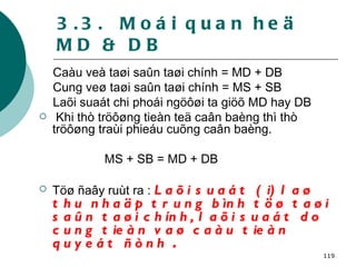 3.3.  Moái quan heä MD & DB Caàu veà taøi saûn taøi chính = MD + DB Cung veø taøi saûn taøi chính = MS + SB Laõi suaát chi phoái ngöôøi ta giöõ MD hay DB Khi thò tröôøng tieàn teä caân baèng thì thò tröôøng traùi phieáu cuõng caân baèng. MS + SB = MD + DB Töø ñaây ruùt ra :  Laõi suaát ( i) laø thu nhaäp trung bình töø taøi saûn taøi chính, laõi suaát do cung tieàn vaø caàu tieàn quyeát ñònh  . 