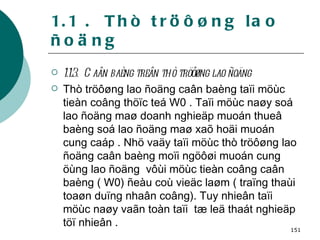 1.1 .  Thò tröôøng lao ñoäng 1.1.3.  Caân baèng treân thò tröôøng lao ñoäng  Thò tröôøng lao ñoäng caân baèng taïi möùc tieàn coâng thöïc teá W0 . Taïi möùc naøy soá lao ñoäng maø doanh nghieäp muoán thueâ baèng soá lao ñoäng maø xaõ hoäi muoán cung caáp . Nhö vaäy taïi möùc thò tröôøng lao ñoäng caân baèng moïi ngöôøi muoán cung öùng lao ñoäng  vôùi möùc tieàn coâng caân baèng ( W0) ñeàu coù vieäc laøm ( traïng thaùi toaøn duïng nhaân coâng). Tuy nhieân taïi möùc naøy vaãn toàn taïi  tæ leä thaát nghieäp töï nhieân .   