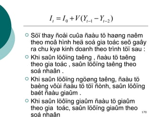 Söï thay ñoåi cuûa ñaàu tö haøng naêm theo moâ hình heä soá gia toác seõ gaây ra chu kyø kinh doanh theo trình töï sau :  Khi saûn löôïng taêng , ñaàu tö taêng theo gia toác , saûn löôïng taêng theo soá nhaân . Khi saûn löôïng ngöøng taêng, ñaàu tö baèng vôùi ñaàu tö töï ñònh, saûn löôïng baét ñaàu giaûm . Khi saûn löôïng giaûm ñaàu tö giaûm theo gia  toác, saûn löôïng giaûm theo soá nhaân   