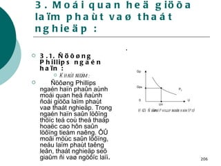 3. Moái quan heä giöõa laïm phaùt vaø thaát nghieäp : 3.1. Ñöôøng Phillips ngaén haïn : Khaùi nieäm : Ñöôøng Phillips ngaén haïn phaûn aùnh moái quan heä ñaùnh ñoåi giöõa laïm phaùt vaø thaát nghieäp. Trong ngaén haïn saûn löôïng thöïc teá coù theå thaáp hoaëc cao hôn saûn löôïng tieàm naêng. ÔÛ moãi möùc saûn löôïng, neáu laïm phaùt taêng leân, thaát nghieäp seõ giaûm ñi vaø ngöôïc laïi . . P C Gp Gp e 0 Un U H 6.3:  Ñöôøng Phillip ngaén haïn (Pc) 