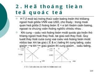2. Heä thoáng tieàn teä quoác teá H 7.2 moâ taû traïng thaùi caân baèng treân thò tröôøng ngoaïi hoái giöõa VNÑ vaø USD, cho thaáy : trong moái quan heä giöõa 2 ñoàng tieàn: E = e taïi ñieåm caân baèng, ngoaøi ra chuùng vaän ñoäng ngöôïc chieàu nhau . Khi cung – caàu veà ñoàng tieàn moät quoác gia treân thò tröøng ngoaïi hoái thay ñoåi, tæ giaù seõ thay ñoåi. Quy luaät thay ñoåi cuûa cung vaø caàu veà ñoàng tieàn moät nöôùc laø: khi tæ giaù ( E & e ) taêng thì cung taêng, caàu giaûm vaø khi tæ giaù giaûm thì cung giaûm ,  caàu taêng . 10.000 USD 0 D S 0,0001 VND 0 S D H 7.2:  Caân baèng cung, caàu treân thò tröôøng ngoaïi hoái 