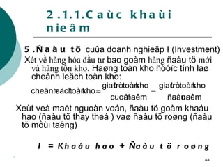 2.1.1.Caùc khaùi nieâm 5.Ñaàu tö  cuûa doanh nghieäp I (Investment) X ét về hàng hóa đầu tư  bao goàm  hàng  ñaàu tö  mới và hàng tồn kho . Haøng toàn kho ñöôïc tính laø cheânh leäch toàn kho: Xeùt veà maët nguoàn voán, ñaàu tö goàm khaáu hao (ñaàu tö thay theá ) vaø ñaàu tö roøng (ñaàu tö môùi taêng)  I = Khaáu hao + Ñaàu tö roøng 