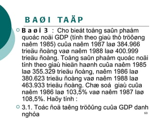 BAØI  TAÄP Baøi 3  :  Cho bieát toång saûn phaåm quoác noäi GDP (tính theo giaù thò tröôøng naêm 1985) cuûa naêm 1987 laø 384.966 trieäu ñoàng vaø naêm 1988 laø 400.999 trieäu ñoàng. Toång saûn phaåm quoác noäi tính theo giaù hieän haønh cuûa naêm 1985 laø 355.329 trieäu ñoàng, naêm 1986 laø 380.623 trieäu ñoàng vaø naêm 1988 laø 463.933 trieäu ñoàng. Chæ soá  giaù cuûa naêm 1986 laø 103,5% vaø naêm 1987 laø 108,5%. Haõy tính : 3.1. Toác ñoä taêng tröôûng cuûa GDP danh nghóa  3.2. Toác ñoä taêng tröôûng cuûa GDP thöïc teá  3.3. Toác ñoä taêng giaù cuûa giai ñoaïn 1985 – 1988 