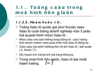 1.1 .  Toång caàu trong moâ hình ñôn giaûn 1.1.2.3. Haøm ñaàu tö: Toång ñaàu tö quoác gia phuï thuoäc vaøo ñaàu tö cuûa töøng doanh nghieäp vôùi 3 yeáu toá quyeát ñònh möùc ñaàu tö : Möùc caàu veà saûn löôïng trong töông lai : caùc haõng kinh doanh nhaèm vaøo quaù khöù ñeå ñaàu tö töông lai . Caùc yeáu toá aûnh höôûng tôùi chi phí ñaàu tö : laõi suaát ( i), thueá ( T) . Döï ñoaùn tình traïng kinh teá trong töông lai.   Trong moâ hình ñôn giaûn, ñaàu tö laø moät haøm haèng.  
