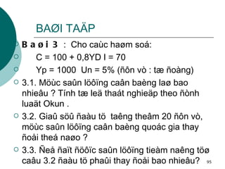 BAØI TAÄP Baøi 3  :  Cho caùc haøm soá: C = 100 + 0,8YD I = 70 Yp = 1000 Un = 5% (ñôn vò : tæ ñoàng) 3.1. Möùc saûn löôïng caân baèng laø bao nhieâu ? Tính tæ leä thaát nghieäp theo ñònh luaät Okun . 3.2. Giaû söû ñaàu tö  taêng theâm 20 ñôn vò, möùc saûn löôïng caân baèng quoác gia thay ñoåi theá naøo ? 3.3. Ñeå ñaït ñöôïc saûn löôïng tieàm naêng töø caâu 3.2 ñaàu tö phaûi thay ñoåi bao nhieâu? 