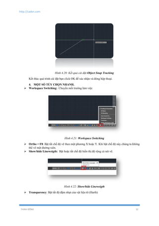 http://cadvn.com
THỊNH ĐÔNG 32
Hình 4.20: Kết quả cài đặt Object Snap Tracking
Kết thúc quá trình cài đặt bạn click OK để xác nhận và đóng hộp thoại.
4. MỘT SỐ TÙY CHỌN NHANH.
 Workspace Switching: Chuyển mối trường làm việc
Hình 4.21: Workspace Switching
 Ortho = F8: Bật tắt chế độ vẽ theo một phương X hoặc Y. Khi bật chế độ này chúng ta không
thể vẽ một đường xiên.
 Show/hide Lineweigth: Bật hoặc tắt chế độ hiển thị độ rộng cả nét vẽ.
Hình 4.22: Show/hide Lineweigth
 Transparency: Bật tắt độ đậm nhạt của vật liệu tô (Harth)
 