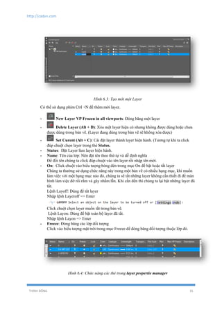 http://cadvn.com
THỊNH ĐÔNG 35
Hình 6.3: Tạo mới một Layer
Có thể sử dụng phím Ctrl +N để thêm mới layer.
- New Layer VP Frozen in all viewports: Đóng băng một layer
- Delete Layer (Alt + D): Xóa một layer hiện có nhưng không được dùng hoặc chưa
được dùng trong bản vẽ. (Layer đang dùng trong bản vẽ sẽ không xóa được)
- Set Curent (Alt + C): Cài đặt layer thành layer hiện hành. (Tương tự khi ta click
đúp chuột chọn layer trong thẻ Status.
- Status: Đặt Layer làm layer hiện hành.
- Name: Tên của lớp: Nên đặt tên theo thứ tự và dễ định nghĩa
Để đổi tên chúng ta click đúp chuột vào tên layer rồi nhập tên mới.
- On: Click chuột vào biểu tượng bóng đèn trong mục On để bật hoặc tắt layer
Chúng ta thường sử dụng chức năng này trong một bản vẽ có nhiều hạng mục, khi muốn
làm việc với một hạng mục nào đó, chúng ta sẽ tắt những layer không cần thiết đi để màn
hình làm việc đỡ rối rắm và gây nhầm lẫn. Khi cần đến thì chúng ta lại bật những layer đã
tắt.
Lệnh Layoff: Dùng để tắt layer
Nhập lệnh Layeroff => Enter
Click chuột chọn layer muốn tắt trong bản vẽ.
Lệnh Layon: Dùng để bật toàn bộ layer đã tắt.
Nhập lệnh Layon => Enter
- Freeze: Đóng băng các lớp đối tượng
Click vào biểu tượng mặt trời trong mục Freeze để đóng băng đối tượng thuộc lớp đó.
Hình 6.4: Chức năng các thẻ trong layer propertie manager
 
