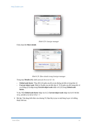 http://cadvn.com
THỊNH ĐÔNG 43
Hình 6.28: Linetypr manager
Click chọn thẻ Show details
Hình 6.29: Show details trong Linetypr manager
Trong mục Details (Mặc định autocad cho ta tỷ lệ 1:1)
- Global scale factor: Thay đổi tỷ lệ giãn của tất cả các đường nét đứt có trong bản vẽ.
- Current object scale: Định tỷ lệ giãn của nét đứt sắp vẽ. Tỷ lệ giãn của đối tượng khi vẽ
ra sẽ bằng tỷ lệ nhập trong Current object scale nhân với tỷ lệ trong Global scale
factor.
Ví dụ: Nếu Global scale factor nhập vào là 2, Current object scale nhập vào là 0.5 thì khi
vẽ ra, nét đứt có tỷ lệ là: 0.5x2 = 1
 Bài tập: Vận dụng kiến thức của chương VI, Bạn hãy tự tạo ra một bảng Layer với những
thuộc tính sau.
 