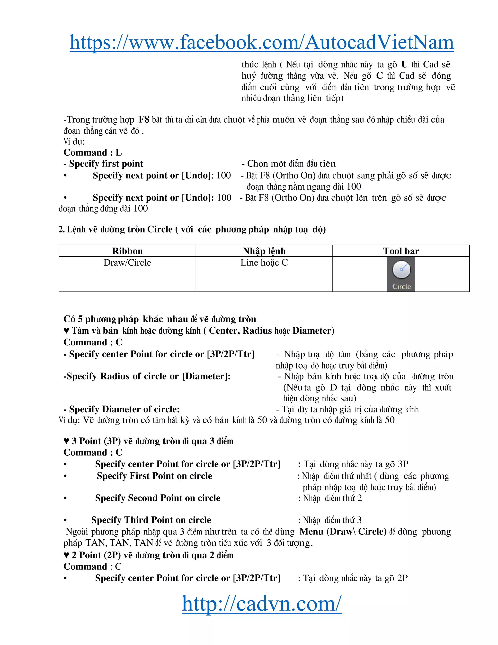 https://www.facebook.com/AutocadVietNam
http://cadvn.com/
thóc lÖnh ( NÕu t¹i dßng nh¾c nμy ta gâ U th× Cad sÏ
huû ®−êng th¼ng võa vÏ. NÕu gâ C th× Cad sÏ ®ãng
®iÓm cuèi cïng víi ®iÓm ®Çu tiªn trong tr−êng hîp vÏ
nhiÒu ®o¹n th¶ng liªn tiÕp)
-Trong tr−êng hîp F8 bËt th× ta chØ cÇn ®−a chuét vÒ phÝa muèn vÏ ®o¹n th¼ng sau ®ã nhËp chiÒu dμi cña
®o¹n th¼ng cÇn vÏ ®ã .
VÝ dô:
Command : L
- Specify first point - Chän mét ®iÓm ®Çu tiªn
• Specify next point or [Undo]: 100 - BËt F8 (Ortho On) ®−a chuét sang ph¶i gâ sè sÏ ®−îc
®o¹n th¼ng n»m ngang dμi 100
• Specify next point or [Undo]: 100 - BËt F8 (Ortho On) ®−a chuét lªn trªn gâ sè sÏ ®−îc
®o¹n th¼ng ®øng dμi 100
2. LÖnh vÏ ®−êng trßn Circle ( víi c¸c ph−¬ng ph¸p nhËp to¹ ®é)
Ribbon Nhập lệnh Tool bar
Draw/Circle Line hoặc C
Cã 5 ph−¬ng ph¸p kh¸c nhau ®Ó vÏ ®−êng trßn
♥ T©m vμ b¸n kÝnh hoÆc ®−êng kÝnh ( Center, Radius hoÆc Diameter)
Command : C
- Specify center Point for circle or [3P/2P/Ttr] - NhËp to¹ ®é t©m (b»ng c¸c ph−¬ng ph¸p
nhËp to¹ ®é hoÆc truy b¾t ®iÓm)
-Specify Radius of circle or [Diameter]: - NhËp b¸n kÝnh hoÆc to¹ ®é cña ®−êng trßn
(NÕuta gâ D t¹i dßng nh¾c nμy th× xuÊt
hiÖn dßng nh¾c sau)
- Specify Diameter of circle: - T¹i ®©y ta nhËp gi¸ trÞ cña ®−êng kÝnh
VÝ dô: VÏ ®−êng trßn cã t©m bÊt kú vμ cã b¸n kÝnh lμ 50 vμ ®−êng trßn cã ®−êng kÝnh lμ 50
♥ 3 Point (3P) vÏ ®−êng trßn ®i qua 3 ®iÓm
Command : C
• Specify center Point for circle or [3P/2P/Ttr] : T¹i dßng nh¾c nμy ta gâ 3P
• Specify First Point on circle : NhËp ®iÓm thø nhÊt ( dïng c¸c ph−¬ng
ph¸p nhËp to¹ ®é hoÆc truy b¾t ®iÓm)
• Specify Second Point on circle : NhËp ®iÓm thø 2
• Specify Third Point on circle : NhËp ®iÓm thø 3
Ngoμi ph−¬ng ph¸p nhËp qua 3 ®iÓm nh− trªn ta cã thÓ dïng Menu (Draw Circle) ®Ó dïng ph−¬ng
ph¸p TAN, TAN, TAN ®Ó vÏ ®−êng trßn tiÕu xóc víi 3 ®èi t−îng.
♥ 2 Point (2P) vÏ ®−êng trßn ®i qua 2 ®iÓm
Command : C
• Specify center Point for circle or [3P/2P/Ttr] : T¹i dßng nh¾c nμy ta gâ 2P
 