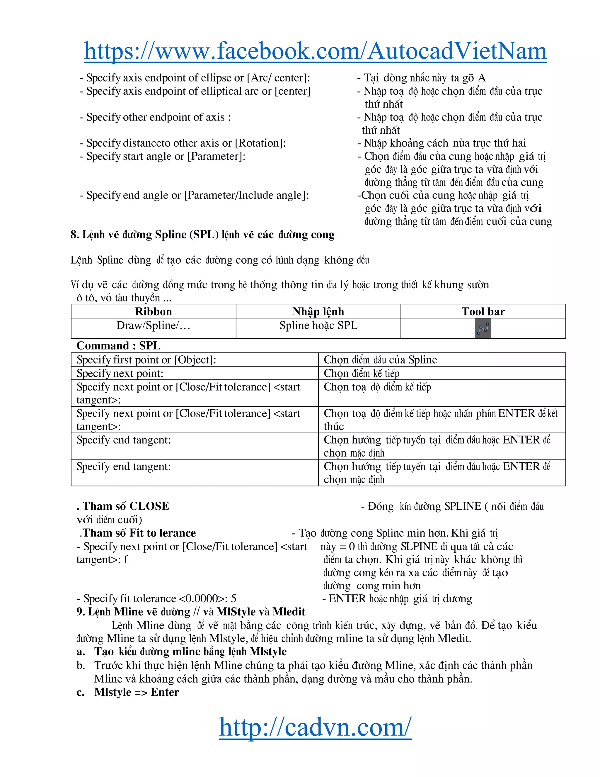 https://www.facebook.com/AutocadVietNam
http://cadvn.com/
- Specify axis endpoint of ellipse or [Arc/ center]: - T¹i dßng nh¾c nμy ta gâ A
- Specify axis endpoint of elliptical arc or [center] - NhËp to¹ ®é hoÆc chän ®iÓm ®Çu cña trôc
thø nhÊt
- Specify other endpoint of axis : - NhËp to¹ ®é hoÆc chän ®iÓm ®Çu cña trôc
thø nhÊt
- Specify distanceto other axis or [Rotation]: - NhËp kho¶ng c¸ch nña trôc thø hai
- Specify start angle or [Parameter]: - Chän ®iÓm ®Çu cña cung hoÆc nhËp gi¸ trÞ
gãc ®©y lμ gãc gi÷a trôc ta võa ®Þnh víi
®−êng th¼ng tõ t©m ®Õn ®iÓm ®Çu cña cung
- Specify end angle or [Parameter/Include angle]: -Chän cuèi cña cung hoÆc nhËp gi¸ trÞ
gãc ®©y lμ gãc gi÷a trôc ta võa ®Þnh víi
®−êng th¼ng tõ t©m ®Õn ®iÓm cuèi cña cung
8. LÖnh vÏ ®−êng Spline (SPL) lÖnh vÏ c¸c ®−êng cong
LÖnh Spline dïng ®Ó t¹o c¸c ®−êng cong cã h×nh d¹ng kh«ng ®Òu
VÝ dô vÏ c¸c ®−êng ®ång møc trong hÖ thèng th«ng tin ®Þa lý hoÆc trong thiÕt kÕ khung s−ên
« t«, vá tμu thuyÒn ...
Ribbon Nhập lệnh Tool bar
Draw/Spline/… Spline hoặc SPL
Command : SPL
Specify first point or [Object]: Chän ®iÓm ®Çu cña Spline
Specify next point: Chän ®iÓm kÕ tiÕp
Specify next point or [Close/Fit tolerance] <start
tangent>:
Chän to¹ ®é ®iÓm kÕ tiÕp
Specify next point or [Close/Fit tolerance] <start
tangent>:
Chän to¹ ®é ®iÓm kÕ tiÕp hoÆc nhÊn phÝm ENTER ®Ó kÕt
thóc
Specify end tangent: Chän h−íng tiÕp tuyÕn t¹i ®iÓm ®Çu hoÆc ENTER ®Ó
chän mÆc ®Þnh
Specify end tangent: Chän h−íng tiÕp tuyÕn t¹i ®iÓm ®Çu hoÆc ENTER ®Ó
chän mÆc ®Þnh
. Tham sè CLOSE - §ãng kÝn ®−êng SPLINE ( nèi ®iÓm ®Çu
víi ®iÓm cuèi)
.Tham sè Fit to lerance - T¹o ®−êng cong Spline min h¬n. Khi gi¸ trÞ
- Specify next point or [Close/Fit tolerance] <start nμy = 0 th× ®−êng SLPINE ®i qua tÊt c¶ c¸c
tangent>: f ®iÓm ta chän. Khi gi¸ trÞ nμy kh¸c kh«ng th×
®−êng cong kÐo ra xa c¸c ®iÓm nμy ®Ó t¹o
®−êng cong min h¬n
- Specify fit tolerance <0.0000>: 5 - ENTER hoÆc nhËp gi¸ trÞ d−¬ng
9. LÖnh Mline vÏ ®−êng // vμ MlStyle vμ Mledit
LÖnh Mline dïng ®Ó vÏ mÆt b»ng c¸c c«ng tr×nh kiÕn tróc, x©y dùng, vÏ b¶n ®å. §Ó t¹o kiÓu
®−êng Mline ta sö dông lÖnh Mlstyle, ®Ó hiÖu chØnh ®−êng mline ta sö dông lÖnh Mledit.
a. T¹o kiÓu ®−êng mline b¼ng lÖnh Mlstyle
b. Trước khi thực hiện lệnh Mline chúng ta phải tạo kiểu đường Mline, xác định các thành phần
Mline và khoảng cách giữa các thành phần, dạng đường và mầu cho thành phần.
c. Mlstyle => Enter
 