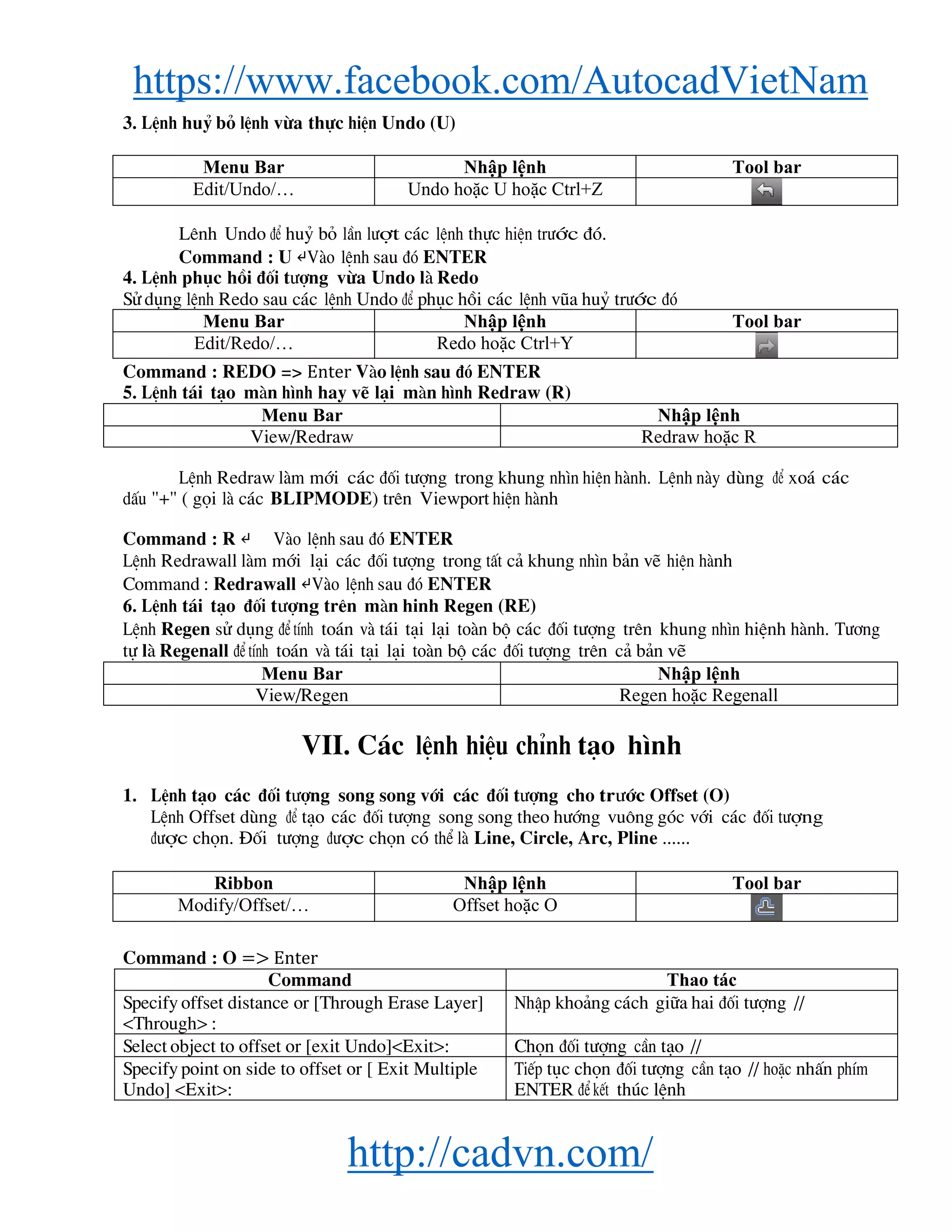 https://www.facebook.com/AutocadVietNam
http://cadvn.com/
3. LÖnh huû bá lÖnh võa thùc hiÖn Undo (U)
Menu Bar Nhập lệnh Tool bar
Edit/Undo/… Undo hoặc U hoặc Ctrl+Z
Lªnh Undo ®Ó huû bá lÇn l−ît c¸c lÖnh thùc hiÖn tr−íc ®ã.
Command : U ↵Vμo lÖnh sau ®ã ENTER
4. LÖnh phôc håi ®èi t−îng võa Undo lμ Redo
Sö dông lÖnh Redo sau c¸c lÖnh Undo ®Ó phôc håi c¸c lÖnh vòa huû tr−íc ®ã
Menu Bar Nhập lệnh Tool bar
Edit/Redo/… Redo hoặc Ctrl+Y
Command : REDO => Enter Vμo lÖnh sau ®ã ENTER
5. LÖnh t¸i t¹o mμn h×nh hay vÏ l¹i mμn h×nh Redraw (R)
Menu Bar Nhập lệnh
View/Redraw Redraw hoặc R
LÖnh Redraw lμm míi c¸c ®èi t−îng trong khung nh×n hiÖn hμnh. LÖnh nμy dïng ®Ó xo¸ c¸c
dÊu "+" ( gäi lμ c¸c BLIPMODE) trªn Viewport hiÖn hμnh
Command : R ↵ Vμo lÖnh sau ®ã ENTER
LÖnh Redrawall lμm míi l¹i c¸c ®èi t−îng trong tÊt c¶ khung nh×n b¶n vÏ hiÖn hμnh
Command : Redrawall ↵Vμo lÖnh sau ®ã ENTER
6. LÖnh t¸i t¹o ®èi t−îng trªn mμn hinh Regen (RE)
LÖnh Regen sö dông ®Ó tÝnh to¸n vμ t¸i t¹i l¹i toμn bé c¸c ®èi t−îng trªn khung nh×n hiÖnh hμnh. T−¬ng
tù lμ Regenall ®Ó tÝnh to¸n vμ t¸i t¹i l¹i toμn bé c¸c ®èi t−îng trªn c¶ b¶n vÏ
Menu Bar Nhập lệnh
View/Regen Regen hoặc Regenall
VII. C¸c lÖnh hiÖu chØnh t¹o h×nh
1. LÖnh t¹o c¸c ®èi t−îng song song víi c¸c ®èi t−îng cho tr−íc Offset (O)
LÖnh Offset dïng ®Ó t¹o c¸c ®èi t−îng song song theo h−íng vu«ng gãc víi c¸c ®èi t−îng
®−îc chän. §èi t−îng ®−îc chän cã thÓ lμ Line, Circle, Arc, Pline ......
Ribbon Nhập lệnh Tool bar
Modify/Offset/… Offset hoặc O
Command : O => Enter
Command Thao tác
Specify offset distance or [Through Erase Layer]
<Through> :
NhËp kho¶ng c¸ch gi÷a hai ®èi t−îng //
Select object to offset or [exit Undo]<Exit>: Chän ®èi t−îng cÇn t¹o //
Specify point on side to offset or [ Exit Multiple
Undo] <Exit>:
TiÕp tôc chän ®èi t−îng cÇn t¹o // hoÆc nhÊn phÝm
ENTER ®Ó kÕt thóc lÖnh
 