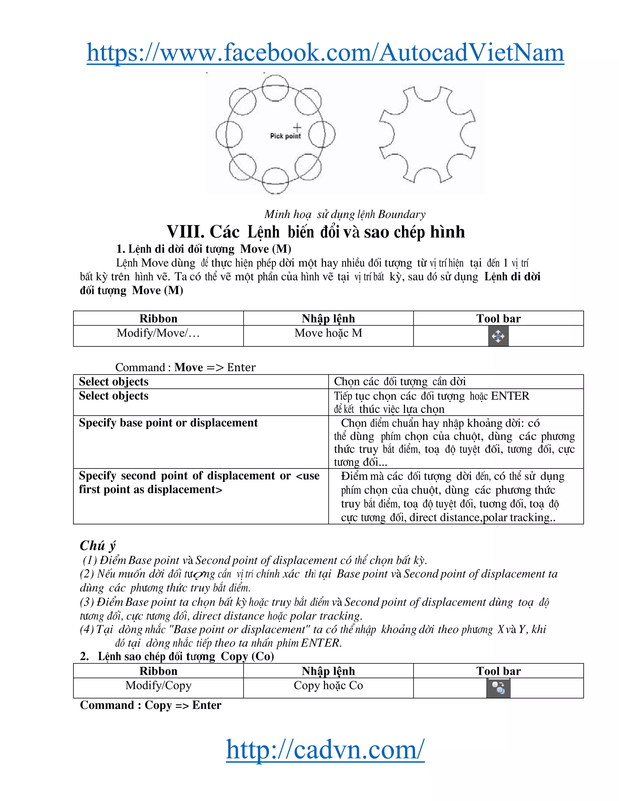 https://www.facebook.com/AutocadVietNam
http://cadvn.com/
Minh ho¹ sö dông lÖnh Boundary
VIII. C¸c LÖnh biÕn ®æi vμ sao chÐp h×nh
1. LÖnh di dêi ®èi t−îng Move (M)
LÖnh Move dïng ®Ó thùc hiÖn phÐp dêi mét hay nhiÒu ®èi t−îng tõ vÞ trÝ hiÖn t¹i ®Õn 1 vÞ trÝ
bÊt kú trªn h×nh vÏ. Ta cã thÓ vÏ mét phÇn cña h×nh vÏ t¹i vÞ trÝ bÊt kú, sau ®ã sö dông LÖnh di dêi
®èi t−îng Move (M)
Ribbon Nhập lệnh Tool bar
Modify/Move/… Move hoặc M
Command : Move => Enter
Select objects Chän c¸c ®èi t−îng cÇn dêi
Select objects TiÕp tôc chän c¸c ®èi t−îng hoÆc ENTER
®Ó kÕt thóc viÖc lùa chän
Specify base point or displacement Chän ®iÓm chuÈn hay nhËp kho¶ng dêi: cã
thÓ dïng phÝm chän cña chuét, dïng c¸c ph−¬ng
thøc truy b¾t ®iÓm, to¹ ®é tuyÖt ®èi, t−¬ng ®èi, cùc
t−¬ng ®èi...
Specify second point of displacement or <use
first point as displacement>
§iÓm mμ c¸c ®èi t−îng dêi ®Õn, cã thÓ sö dông
phÝm chän cña chuét, dïng c¸c ph−¬ng thøc
truy b¾t ®iÓm, to¹ ®é tuyÖt ®èi, tu¬ng ®èi, to¹ ®é
cùc t−¬ng ®èi, direct distance,polar tracking..
Chó ý
(1) §iÓm Base point vμ Second point of displacement cã thÓ chän bÊt kú.
(2) NÕu muèn dêi ®èi t−îng cÇn vÞ trÝ chÝnh x¸c th× t¹i Base point vμ Second point of displacement ta
dïng c¸c ph−¬ng thøc truy b¾t ®iÓm.
(3) §iÓm Base point ta chän bÊt kú hoÆc truy b¾t ®iÓm vμ Second point of displacement dïng to¹ ®é
t−¬ng ®èi, cùc t−¬ng ®èi, direct distance hoÆc polar tracking.
(4) T¹i dßng nh¾c "Base point or displacement" ta cã thÓ nhËp kho¶ng dêi theo ph−¬ng X vμ Y, khi
®ã t¹i dßng nh¾c tiÕp theo ta nhÊn phÝm ENTER.
2. LÖnh sao chÐp ®èi t−îng Copy (Co)
Ribbon Nhập lệnh Tool bar
Modify/Copy Copy hoặc Co
Command : Copy => Enter
 