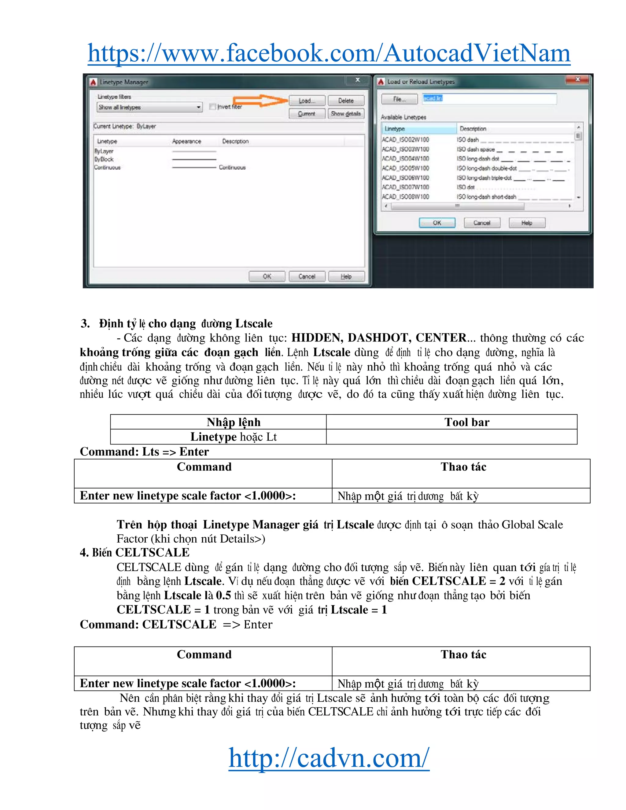 https://www.facebook.com/AutocadVietNam
http://cadvn.com/
3. §Þnh tû lÖ cho d¹ng ®−êng Ltscale
- C¸c d¹ng ®−êng kh«ng liªn tôc: HIDDEN, DASHDOT, CENTER... th«ng th−êng cã c¸c
kho¶ng trèng gi÷a c¸c ®o¹n g¹ch liÒn. LÖnh Ltscale dïng ®Ó ®Þnh tØ lÖ cho d¹ng ®−êng, nghÜa lμ
®Þnh chiÒu dμi kho¶ng trèng vμ ®o¹n g¹ch liÒn. NÕu tØ lÖ nμy nhá th× kho¶ng trèng qu¸ nhá vμ c¸c
®−êng nÐt ®−îc vÏ gièng nh− ®−êng liªn tôc. TØ lÖ nμy qu¸ lín th× chiÒu dμi ®o¹n g¹ch liÒn qu¸ lín,
nhiÒu lóc v−ît qu¸ chiÒu dμi cña ®èi t−îng ®−îc vÏ, do ®ã ta còng thÊy xuÊt hiÖn ®−êng liªn tôc.
Nhập lệnh Tool bar
Linetype hoặc Lt
Command: Lts => Enter
Command Thao tác
Enter new linetype scale factor <1.0000>: NhËp một gi¸ trÞ d−¬ng bÊt kú
Trªn hép tho¹i Linetype Manager gi¸ trÞ Ltscale ®−îc ®Þnh t¹i « so¹n th¶o Global Scale
Factor (khi chän nót Details>)
4. BiÕn CELTSCALE
CELTSCALE dïng ®Ó g¸n tØ lÖ d¹ng ®−êng cho ®èi t−îng s¾p vÏ. BiÕn nμy liªn quan tíi gÝa trÞ tØ lÖ
®Þnh b»ng lÖnh Ltscale. VÝ dô nÕu ®o¹n th¼ng ®−îc vÏ víi biÕn CELTSCALE = 2 víi tØ lÖ g¸n
b»ng lÖnh Ltscale lμ 0.5 th× sÏ xuÊt hiÖn trªn b¶n vÏ gièng nh− ®o¹n th¼ng t¹o bëi biÕn
CELTSCALE = 1 trong b¶n vÏ víi gi¸ trÞ Ltscale = 1
Command: CELTSCALE => Enter
Command Thao tác
Enter new linetype scale factor <1.0000>: NhËp một gi¸ trÞ d−¬ng bÊt kú
Nªn cÇn ph©n biÖt r»ng khi thay ®æi gi¸ trÞ Ltscale sÏ ¶nh h−ëng tíi toμn bé c¸c ®èi t−îng
trªn b¶n vÏ. Nh−ng khi thay ®æi gi¸ trÞ cña biÕn CELTSCALE chØ ¶nh h−ëng tíi trùc tiÕp c¸c ®èi
t−îng s¾p vÏ
 