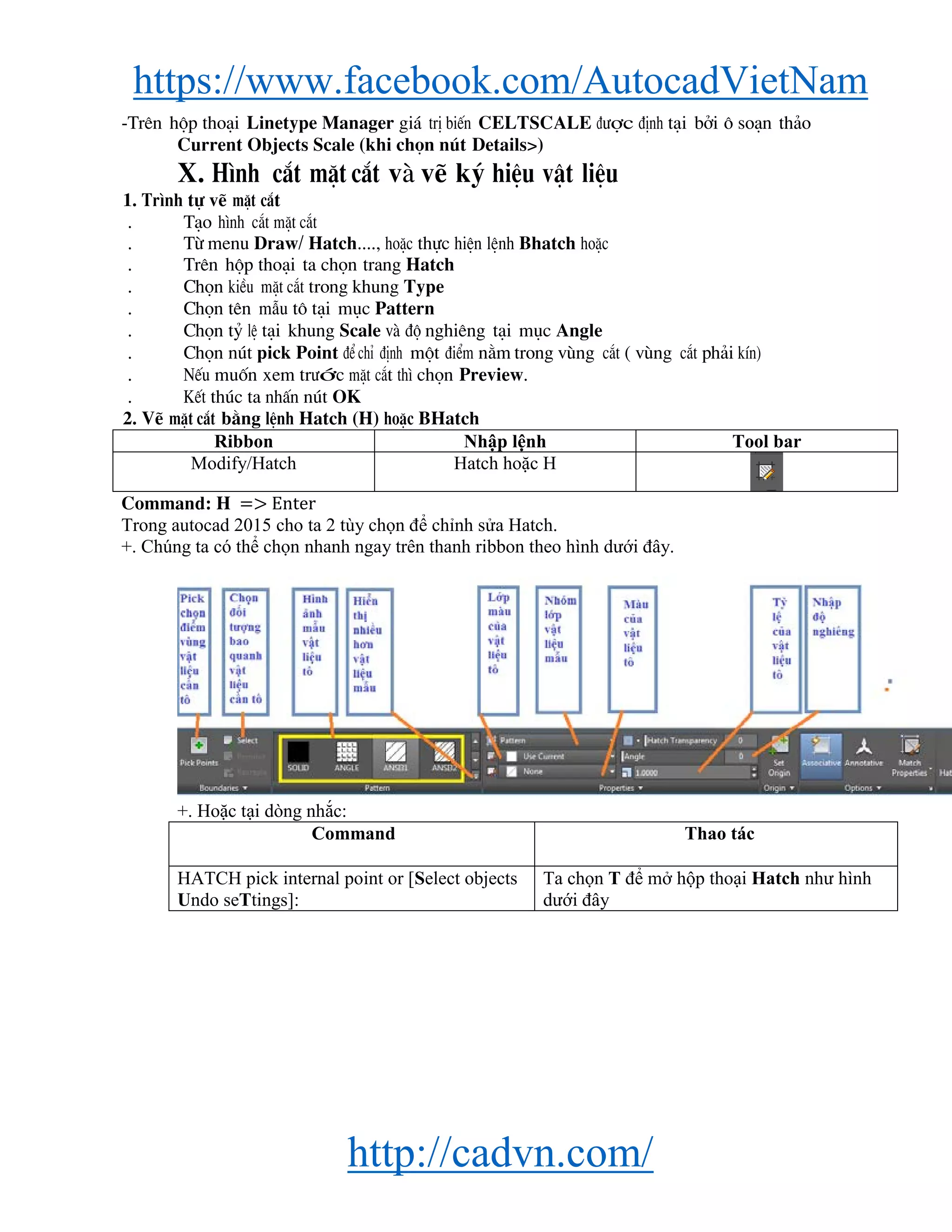 https://www.facebook.com/AutocadVietNam
http://cadvn.com/
-Trªn hép tho¹i Linetype Manager gi¸ trÞ biÕn CELTSCALE ®−îc ®Þnh t¹i bëi « so¹n th¶o
Current Objects Scale (khi chän nót Details>)
X. H×nh c¾t mÆt c¾t vμ vÏ ký hiÖu vËt liÖu
1. Tr×nh tù vÏ mÆt c¾t
. T¹o h×nh c¾t mÆt c¾t
. Tõ menu Draw/ Hatch...., hoÆc thùc hiÖn lÖnh Bhatch hoÆc
. Trªn hép tho¹i ta chän trang Hatch
. Chän kiÒu mÆt c¾t trong khung Type
. Chän tªn mÉu t« t¹i môc Pattern
. Chän tû lÖ t¹i khung Scale vμ ®é nghiªng t¹i môc Angle
. Chän nót pick Point ®Ó chØ ®Þnh mét ®iÓm n»m trong vïng c¾t ( vïng c¾t ph¶i kÝn)
. NÕu muèn xem tr−íc mÆt c¾t th× chän Preview.
. KÕt thóc ta nhÊn nót OK
2. VÏ mÆt c¾t b»ng lÖnh Hatch (H) hoÆc BHatch
Ribbon Nhập lệnh Tool bar
Modify/Hatch Hatch hoặc H
Command: H => Enter
Trong autocad 2015 cho ta 2 tùy chọn để chỉnh sửa Hatch.
+. Chúng ta có thể chọn nhanh ngay trên thanh ribbon theo hình dưới đây.
+. Hoặc tại dòng nhắc:
Command Thao tác
HATCH pick internal point or [Select objects
Undo seTtings]:
Ta chọn T để mở hộp thoại Hatch như hình
dưới đây
 