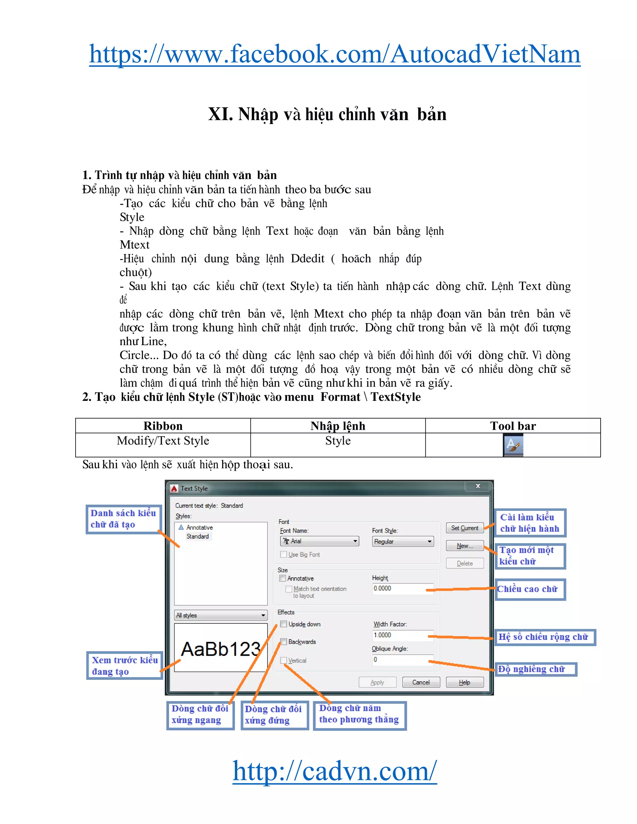 https://www.facebook.com/AutocadVietNam
http://cadvn.com/
XI. NhËp vμ hiÖu chØnh v¨n b¶n
1. Tr×nh tù nhËp vμ hiÖu chØnh v¨n b¶n
§Ó nhËp vμ hiÖu chØnh v¨n b¶n ta tiÕn hμnh theo ba b−íc sau
-T¹o c¸c kiÓu ch÷ cho b¶n vÏ b»ng lÖnh
Style
- NhËp dßng ch÷ b»ng lÖnh Text hoÆc ®o¹n v¨n b¶n b»ng lÖnh
Mtext
-HiÖu chØnh néi dung b»ng lÖnh Ddedit ( ho¨ch nh¾p ®óp
chuét)
- Sau khi t¹o c¸c kiÓu ch÷ (text Style) ta tiÕn hμnh nhËp c¸c dßng ch÷. LÖnh Text dïng
®Ó
nhËp c¸c dßng ch÷ trªn b¶n vÏ, lÖnh Mtext cho phÐp ta nhËp ®o¹n v¨n b¶n trªn b¶n vÏ
®−îc l»m trong khung h×nh ch÷ nhËt ®Þnh tr−íc. Dßng ch÷ trong b¶n vÏ lμ mét ®èi t−îng
nh− Line,
Circle... Do ®ã ta cã thÓ dïng c¸c lÖnh sao chÐp vμ biÕn ®æi h×nh ®èi víi dßng ch÷. V× dßng
ch÷ trong b¶n vÏ lμ mét ®èi t−îng ®å ho¹ vËy trong mét b¶n vÏ cã nhiÒu dßng ch÷ sÏ
lμm chËm ®i qu¸ tr×nh thÓ hiÖn b¶n vÏ còng nh− khi in b¶n vÏ ra giÊy.
2. T¹o kiÓu ch÷ lÖnh Style (ST)hoÆc vμo menu Format  TextStyle
Ribbon Nhập lệnh Tool bar
Modify/Text Style Style
Sau khi vμo lÖnh sÏ xuÊt hiÖn hép tho¹i sau.
 