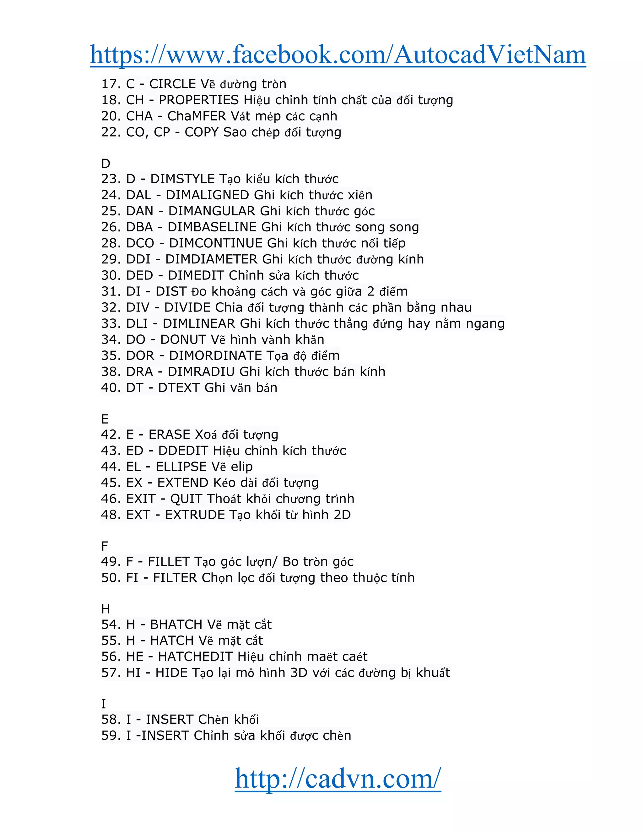 https://www.facebook.com/AutocadVietNam
http://cadvn.com/
17. C - CIRCLE Vẽ đường tròn
18. CH - PROPERTIES Hiệu chỉnh tính chất của đối tượng
20. CHA - ChaMFER Vát mép các cạnh
22. CO, CP - COPY Sao chép đối tượng
D
23. D - DIMSTYLE Tạo kiểu kích thước
24. DAL - DIMALIGNED Ghi kích thước xiên
25. DAN - DIMANGULAR Ghi kích thước góc
26. DBA - DIMBASELINE Ghi kích thước song song
28. DCO - DIMCONTINUE Ghi kích thước nối tiếp
29. DDI - DIMDIAMETER Ghi kích thước đường kính
30. DED - DIMEDIT Chỉnh sửa kích thước
31. DI - DIST Đo khoảng cách và góc giữa 2 điểm
32. DIV - DIVIDE Chia đối tượng thành các phần bằng nhau
33. DLI - DIMLINEAR Ghi kích thước thẳng đứng hay nằm ngang
34. DO - DONUT Vẽ hình vành khăn
35. DOR - DIMORDINATE Tọa độ điểm
38. DRA - DIMRADIU Ghi kích thước bán kính
40. DT - DTEXT Ghi văn bản
E
42. E - ERASE Xoá đối tượng
43. ED - DDEDIT Hiệu chỉnh kích thước
44. EL - ELLIPSE Vẽ elip
45. EX - EXTEND Kéo dài đối tượng
46. EXIT - QUIT Thoát khỏi chương trình
48. EXT - EXTRUDE Tạo khối từ hình 2D
F
49. F - FILLET Tạo góc lượn/ Bo tròn góc
50. FI - FILTER Chọn lọc đối tượng theo thuộc tính
H
54. H - BHATCH Vẽ mặt cắt
55. H - HATCH Vẽ mặt cắt
56. HE - HATCHEDIT Hiệu chỉnh maët caét
57. HI - HIDE Tạo lại mô hình 3D với các đường bị khuất
I
58. I - INSERT Chèn khối
59. I -INSERT Chỉnh sửa khối được chèn
 