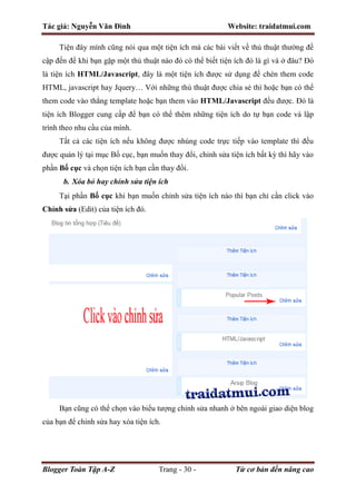 Tác giả: Nguyễn Văn Đình Website: traidatmui.com
Blogger Toàn Tập A-Z Trang - 30 - Từ cơ bản đến nâng cao
Tiện đây mình cũng nói qua một tiện ích mà các bài viết về thủ thuật thường đề
cập đến để khi bạn gặp một thủ thuật nào đó có thể biết tiện ích đó là gì và ở đâu? Đó
là tiện ích HTML/Javascript, đây là một tiện ích được sử dụng để chèn them code
HTML, javascript hay Jquery… Với những thủ thuật được chia sẻ thì hoặc bạn có thể
them code vào thẳng template hoặc bạn them vào HTML/Javascript đều được. Đó là
tiện ích Blogger cung cấp để bạn có thể thêm những tiện ích do tự bạn code và lập
trình theo nhu cầu của mình.
Tất cả các tiện ích nếu không được nhúng code trực tiếp vào template thì đều
được quản lý tại mục Bố cục, bạn muốn thay đổi, chỉnh sửa tiện ích bất kỳ thì hãy vào
phần Bố cục và chọn tiện ích bạn cần thay đổi.
b. Xóa bỏ hay chỉnh sửa tiện ích
Tại phần Bố cục khi bạn muốn chỉnh sửa tiện ích nào thì bạn chỉ cần click vào
Chỉnh sửa (Edit) của tiện ích đó.
Bạn cũng có thể chọn vào biểu tượng chỉnh sửa nhanh ở bên ngoài giao diện blog
của bạn để chỉnh sửa hay xóa tiện ích.
 