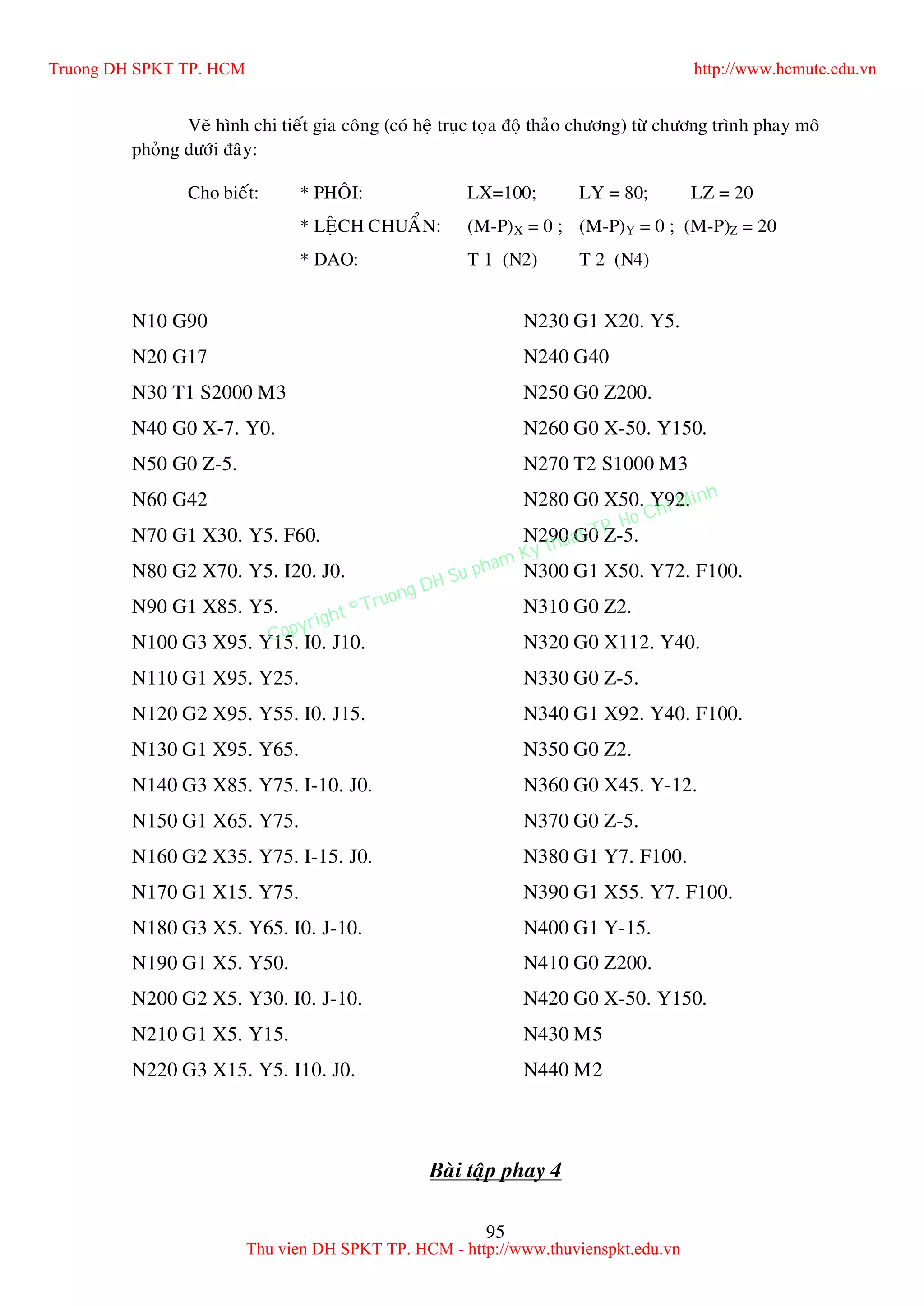 95
Veõ hình chi tieát gia coâng (coù heä truïc toïa ñoä thaûo chöông) töø chöông trình phay moâ
phoûng döôùi ñaây:
Cho bieát: * PHOÂI: LX=100; LY = 80; LZ = 20
* LEÄCH CHUAÅN: (M-P)X = 0 ; (M-P)Y = 0 ; (M-P)Z = 20
* DAO: T 1 (N2) T 2 (N4)
N10 G90
N20 G17
N30 T1 S2000 M3
N40 G0 X-7. Y0.
N50 G0 Z-5.
N60 G42
N70 G1 X30. Y5. F60.
N80 G2 X70. Y5. I20. J0.
N90 G1 X85. Y5.
N100 G3 X95. Y15. I0. J10.
N110 G1 X95. Y25.
N120 G2 X95. Y55. I0. J15.
N130 G1 X95. Y65.
N140 G3 X85. Y75. I-10. J0.
N150 G1 X65. Y75.
N160 G2 X35. Y75. I-15. J0.
N170 G1 X15. Y75.
N180 G3 X5. Y65. I0. J-10.
N190 G1 X5. Y50.
N200 G2 X5. Y30. I0. J-10.
N210 G1 X5. Y15.
N220 G3 X15. Y5. I10. J0.
N230 G1 X20. Y5.
N240 G40
N250 G0 Z200.
N260 G0 X-50. Y150.
N270 T2 S1000 M3
N280 G0 X50. Y92.
N290 G0 Z-5.
N300 G1 X50. Y72. F100.
N310 G0 Z2.
N320 G0 X112. Y40.
N330 G0 Z-5.
N340 G1 X92. Y40. F100.
N350 G0 Z2.
N360 G0 X45. Y-12.
N370 G0 Z-5.
N380 G1 Y7. F100.
N390 G1 X55. Y7. F100.
N400 G1 Y-15.
N410 G0 Z200.
N420 G0 X-50. Y150.
N430 M5
N440 M2
Baøi taäp phay 4
Truong DH SPKT TP. HCM http://www.hcmute.edu.vn
Thu vien DH SPKT TP. HCM - http://www.thuvienspkt.edu.vn
Copyright © Truong DH Su pham Ky thuat TP. Ho Chi Minh
 
