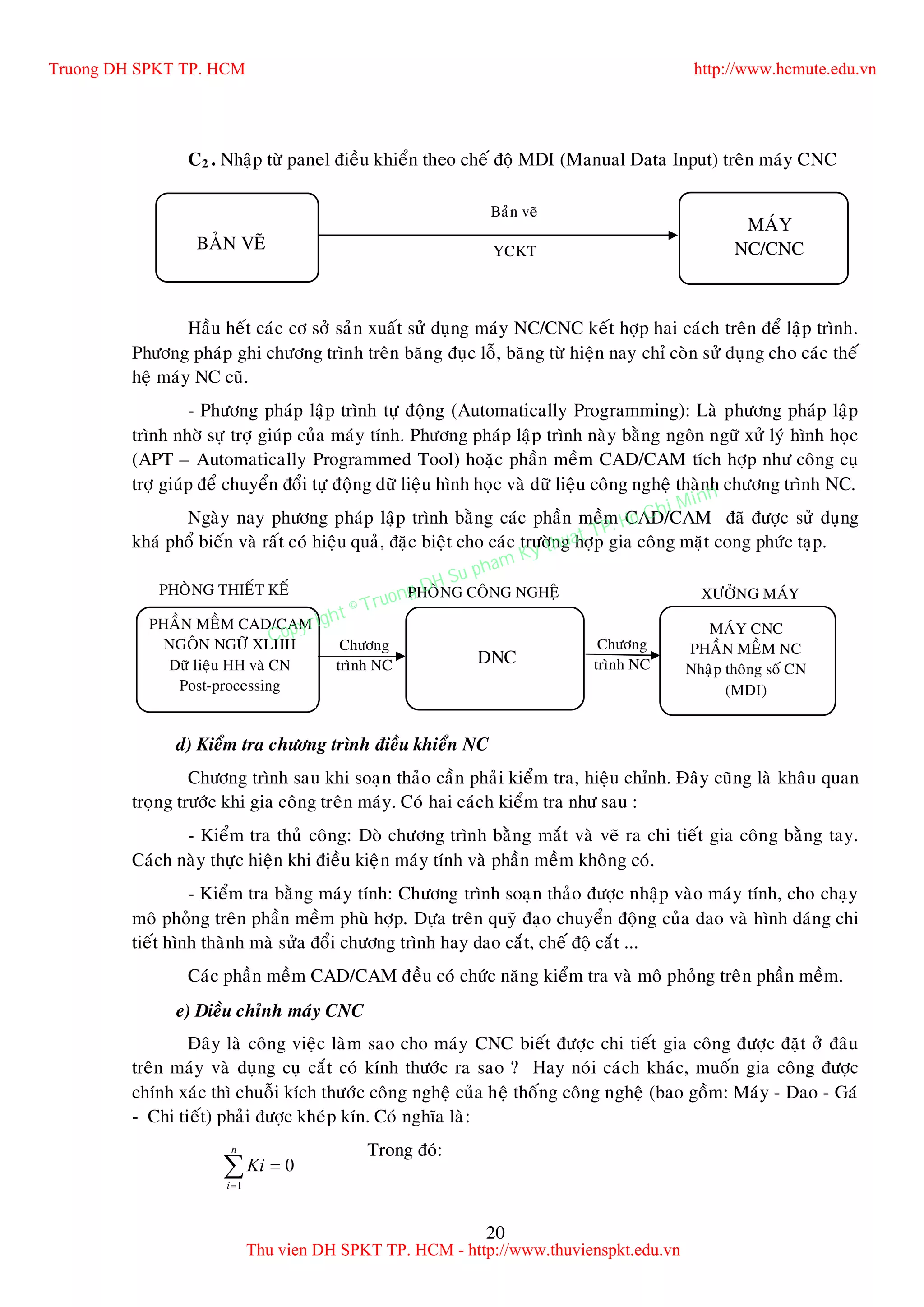 20
C2 . Nhaäp töø panel ñieàu khieån theo cheá ñoä MDI (Manual Data Input) treân maùy CNC
Haàu heát caùc cô sôû saûn xuaát söû duïng maùy NC/CNC keát hôïp hai caùch treân ñeå laäp trình.
Phöông phaùp ghi chöông trình treân baêng ñuïc loã, baêng töø hieän nay chæ coøn söû duïng cho caùc theá
heä maùy NC cuõ.
- Phöông phaùp laäp trình töï ñoäng (Automatically Programming): Laø phöông phaùp laäp
trình nhôø söï trôï giuùp cuûa maùy tính. Phöông phaùp laäp trình naøy baèng ngoân ngöõ xöû lyù hình hoïc
(APT – Automatically Programmed Tool) hoaëc phaàn meàm CAD/CAM tích hôïp nhö coâng cuï
trôï giuùp ñeå chuyeån ñoåi töï ñoäng döõ lieäu hình hoïc vaø döõ lieäu coâng ngheä thaønh chöông trình NC.
Ngaøy nay phöông phaùp laäp trình baèng caùc phaàn meàm CAD/CAM ñaõ ñöôïc söû duïng
khaù phoå bieán vaø raát coù hieäu quaû, ñaëc bieät cho caùc tröôøng hôïp gia coâng maët cong phöùc taïp.
d) Kieåm tra chöông trình ñieàu khieån NC
Chöông trình sau khi soaïn thaûo caàn phaûi kieåm tra, hieäu chænh. Ñaây cuõng laø khaâu quan
troïng tröôùc khi gia coâng treân maùy. Coù hai caùch kieåm tra nhö sau :
- Kieåm tra thuû coâng: Doø chöông trình baèng maét vaø veõ ra chi tieát gia coâng baèng tay.
Caùch naøy thöïc hieän khi ñieàu kieän maùy tính vaø phaàn meàm khoâng coù.
- Kieåm tra baèng maùy tính: Chöông trình soaïn thaûo ñöôïc nhaäp vaøo maùy tính, cho chaïy
moâ phoûng treân phaàn meàm phuø hôïp. Döïa treân quyõ ñaïo chuyeån ñoäng cuûa dao vaø hình daùng chi
tieát hình thaønh maø söûa ñoåi chöông trình hay dao caét, cheá ñoä caét ...
Caùc phaàn meàm CAD/CAM ñeàu coù chöùc naêng kieåm tra vaø moâ phoûng treân phaàn meàm.
e) Ñieàu chænh maùy CNC
Ñaây laø coâng vieäc laøm sao cho maùy CNC bieát ñöôïc chi tieát gia coâng ñöôïc ñaët ôû ñaâu
treân maùy vaø duïng cuï caét coù kính thöôùc ra sao ? Hay noùi caùch khaùc, muoán gia coâng ñöôïc
chính xaùc thì chuoãi kích thöôùc coâng ngheä cuûa heä thoáng coâng ngheä (bao goàm: Maùy - Dao - Gaù
- Chi tieát) phaûi ñöôïc kheùp kín. Coù nghóa laø:
Trong ñoù:
0
1

n
i
Ki
Baûn veõ
YCKTBAÛN VEÕ
MAÙY
NC/CNC
Chöông
trình NC
Chöông
trình NC
PHAÀN MEÀM CAD/CAM
NGOÂN NGÖÕ XLHH
Döõ lieäu HH vaø CN
Post-processing
MAÙY CNC
PHAÀN MEÀM NC
Nhaäp thoâng soá CN
(MDI)
DNC
XÖÔÛNG MAÙYPHOØNG COÂNG NGHEÄPHOØNG THIEÁT KEÁ
Truong DH SPKT TP. HCM http://www.hcmute.edu.vn
Thu vien DH SPKT TP. HCM - http://www.thuvienspkt.edu.vn
Copyright © Truong DH Su pham Ky thuat TP. Ho Chi Minh
 