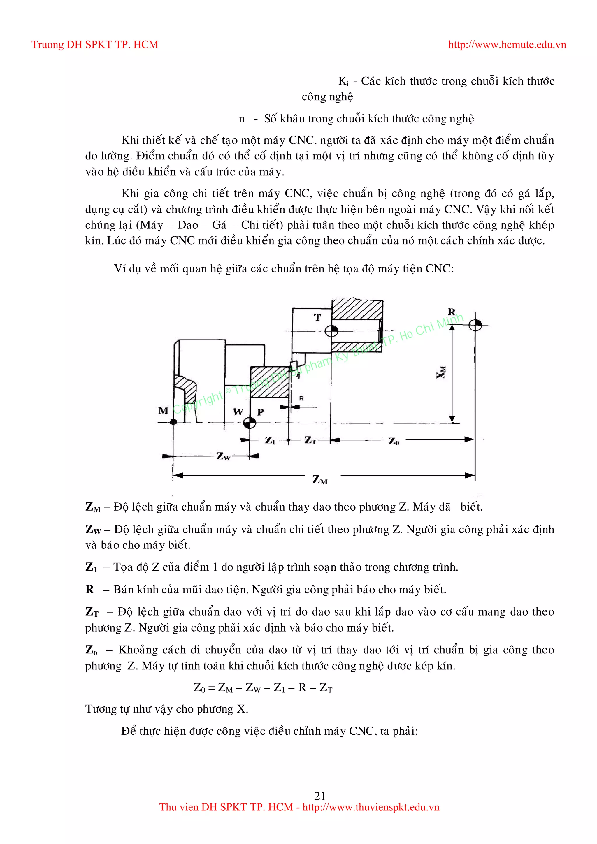21
Ki - Caùc kích thöôùc trong chuoãi kích thöôùc
coâng ngheä
n - Soá khaâu trong chuoãi kích thöôùc coâng ngheä
Khi thieát keá vaø cheá taïo moät maùy CNC, ngöôøi ta ñaõ xaùc ñònh cho maùy moät ñieåm chuaån
ño löôøng. Ñieåm chuaån ñoù coù theå coá ñònh taïi moät vò trí nhöng cuõng coù theå khoâng coá ñònh tuøy
vaøo heä ñieàu khieån vaø caáu truùc cuûa maùy.
Khi gia coâng chi tieát treân maùy CNC, vieäc chuaån bò coâng ngheä (trong ñoù coù gaù laép,
duïng cuï caét) vaø chöông trình ñieàu khieån ñöôïc thöïc hieän beân ngoaøi maùy CNC. Vaäy khi noái keát
chuùng laïi (Maùy – Dao – Gaù – Chi tieát) phaûi tuaân theo moät chuoãi kích thöôùc coâng ngheä kheùp
kín. Luùc ñoù maùy CNC môùi ñieàu khieån gia coâng theo chuaån cuûa noù moät caùch chính xaùc ñöôïc.
Ví duï veà moái quan heä giöõa caùc chuaån treân heä toïa ñoä maùy tieän CNC:
ZM – Ñoä leäch giöõa chuaån maùy vaø chuaån thay dao theo phöông Z. Maùy ñaõ bieát.
ZW – Ñoä leäch giöõa chuaån maùy vaø chuaån chi tieát theo phöông Z. Ngöôøi gia coâng phaûi xaùc ñònh
vaø baùo cho maùy bieát.
Z1 – Toïa ñoä Z cuûa ñieåm 1 do ngöôøi laäp trình soaïn thaûo trong chöông trình.
R – Baùn kính cuûa muõi dao tieän. Ngöôøi gia coâng phaûi baùo cho maùy bieát.
ZT – Ñoä leäch giöõa chuaån dao vôùi vò trí ño dao sau khi laép dao vaøo cô caáu mang dao theo
phöông Z. Ngöôøi gia coâng phaûi xaùc ñònh vaø baùo cho maùy bieát.
Zo – Khoaûng caùch di chuyeån cuûa dao töø vò trí thay dao tôùi vò trí chuaån bò gia coâng theo
phöông Z. Maùy töï tính toaùn khi chuoãi kích thöôùc coâng ngheä ñöôïc keùp kín.
Z0 = ZM – ZW – Z1 – R – ZT
Töông töï nhö vaäy cho phöông X.
Ñeå thöïc hieän ñöôïc coâng vieäc ñieàu chænh maùy CNC, ta phaûi:
ZM
Truong DH SPKT TP. HCM http://www.hcmute.edu.vn
Thu vien DH SPKT TP. HCM - http://www.thuvienspkt.edu.vn
Copyright © Truong DH Su pham Ky thuat TP. Ho Chi Minh
 