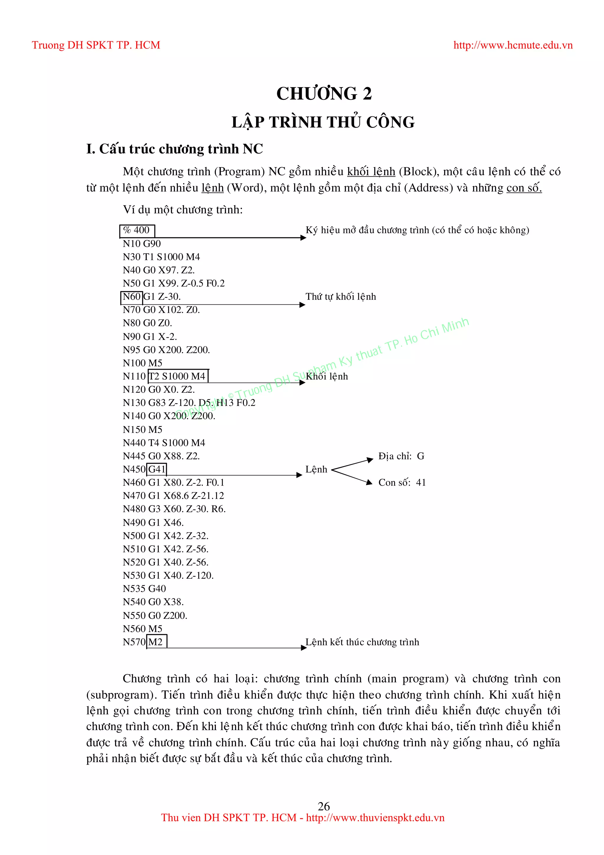 26
CHÖÔNG 2
LAÄP TRÌNH THUÛ COÂNG
I. Caáu truùc chöông trình NC
Moät chöông trình (Program) NC goàm nhieàu khoái leänh (Block), moät caâu leänh coù theå coù
töø moät leänh ñeán nhieàu leänh (Word), moät leänh goàm moät ñòa chæ (Address) vaø nhöõng con soá.
Ví duï moät chöông trình:
% 400 Kyù hieäu môû ñaàu chöông trình (coù theå coù hoaëc khoâng)
N10 G90
N30 T1 S1000 M4
N40 G0 X97. Z2.
N50 G1 X99. Z-0.5 F0.2
N60 G1 Z-30. Thöù töï khoái leänh
N70 G0 X102. Z0.
N80 G0 Z0.
N90 G1 X-2.
N95 G0 X200. Z200.
N100 M5
N110 T2 S1000 M4 Khoái leänh
N120 G0 X0. Z2.
N130 G83 Z-120. D5. H13 F0.2
N140 G0 X200. Z200.
N150 M5
N440 T4 S1000 M4
N445 G0 X88. Z2. Ñòa chæ: G
N450 G41 Leänh
N460 G1 X80. Z-2. F0.1 Con soá: 41
N470 G1 X68.6 Z-21.12
N480 G3 X60. Z-30. R6.
N490 G1 X46.
N500 G1 X42. Z-32.
N510 G1 X42. Z-56.
N520 G1 X40. Z-56.
N530 G1 X40. Z-120.
N535 G40
N540 G0 X38.
N550 G0 Z200.
N560 M5
N570 M2 Leänh keát thuùc chöông trình
Chöông trình coù hai loaïi: chöông trình chính (main program) vaø chöông trình con
(subprogram). Tieán trình ñieàu khieån ñöôïc thöïc hieän theo chöông trình chính. Khi xuaát hieän
leänh goïi chöông trình con trong chöông trình chính, tieán trình ñieàu khieån ñöôïc chuyeån tôùi
chöông trình con. Ñeán khi leänh keát thuùc chöông trình con ñöôïc khai baùo, tieán trình ñieàu khieån
ñöôïc traû veà chöông trình chính. Caáu truùc cuûa hai loaïi chöông trình naøy gioáng nhau, coù nghóa
phaûi nhaän bieát ñöôïc söï baét ñaàu vaø keát thuùc cuûa chöông trình.
Truong DH SPKT TP. HCM http://www.hcmute.edu.vn
Thu vien DH SPKT TP. HCM - http://www.thuvienspkt.edu.vn
Copyright © Truong DH Su pham Ky thuat TP. Ho Chi Minh
 