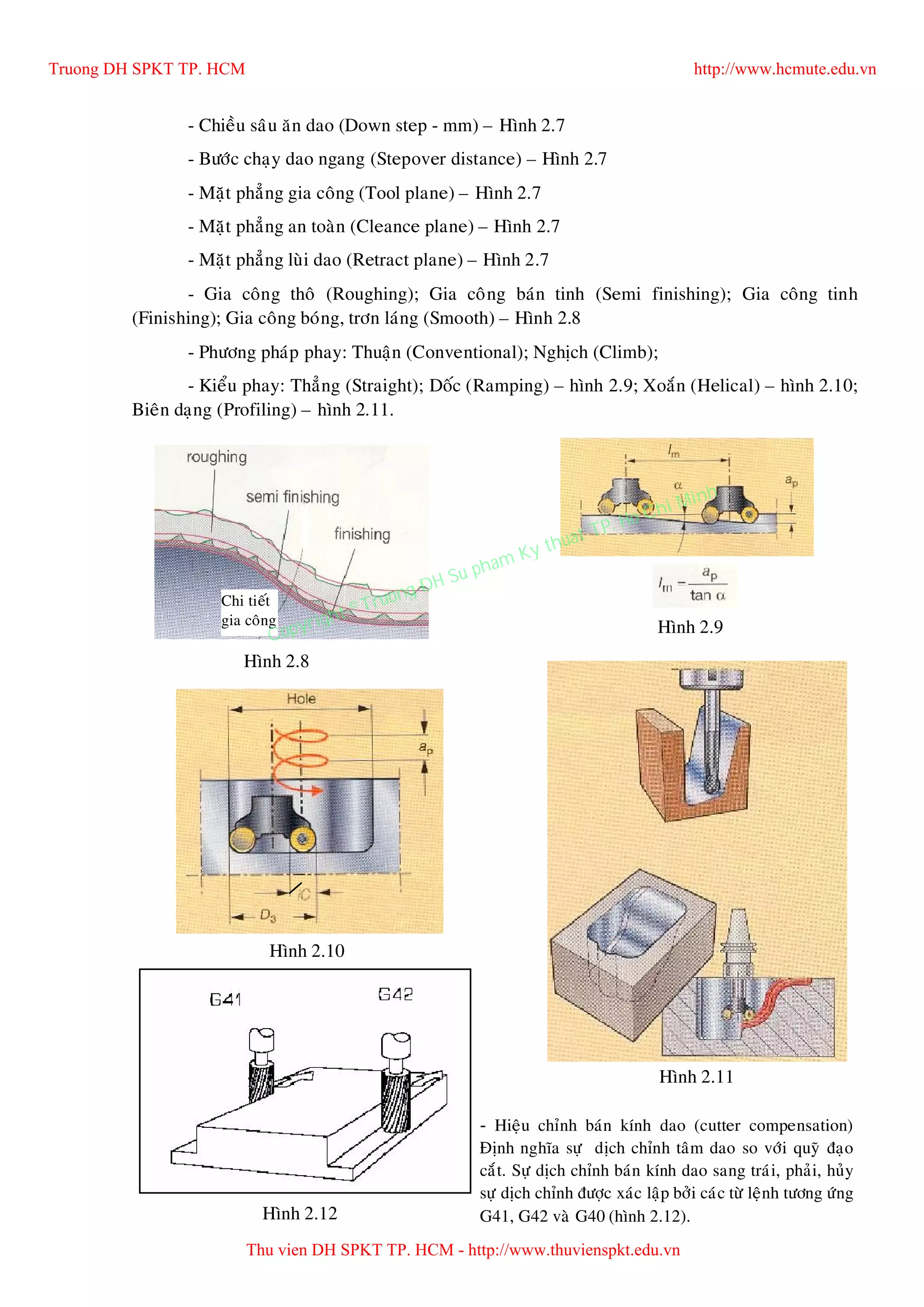 35
- Chieàu saâu aên dao (Down step - mm) – Hình 2.7
- Böôùc chaïy dao ngang (Stepover distance) – Hình 2.7
- Maët phaúng gia coâng (Tool plane) – Hình 2.7
- Maët phaúng an toaøn (Cleance plane) – Hình 2.7
- Maët phaúng luøi dao (Retract plane) – Hình 2.7
- Gia coâng thoâ (Roughing); Gia coâng baùn tinh (Semi finishing); Gia coâng tinh
(Finishing); Gia coâng boùng, trôn laùng (Smooth) – Hình 2.8
- Phöông phaùp phay: Thuaän (Conventional); Nghòch (Climb);
- Kieåu phay: Thaúng (Straight); Doác (Ramping) – hình 2.9; Xoaén (Helical) – hình 2.10;
Bieân daïng (Profiling) – hình 2.11.
Chi tieát
gia coâng
Hình 2.8
Hình 2.9
Hình 2.11
Hình 2.10
Hình 2.12
- Hieäu chænh baùn kính dao (cutter compensation)
Ñònh nghóa söï dòch chænh taâm dao so vôùi quyõ ñaïo
caét. Söï dòch chænh baùn kính dao sang traùi, phaûi, huûy
söï dòch chænh ñöôïc xaùc laäp bôûi caùc töø leänh töông öùng
G41, G42 vaø G40 (hình 2.12).
Truong DH SPKT TP. HCM http://www.hcmute.edu.vn
Thu vien DH SPKT TP. HCM - http://www.thuvienspkt.edu.vn
Copyright © Truong DH Su pham Ky thuat TP. Ho Chi Minh
 