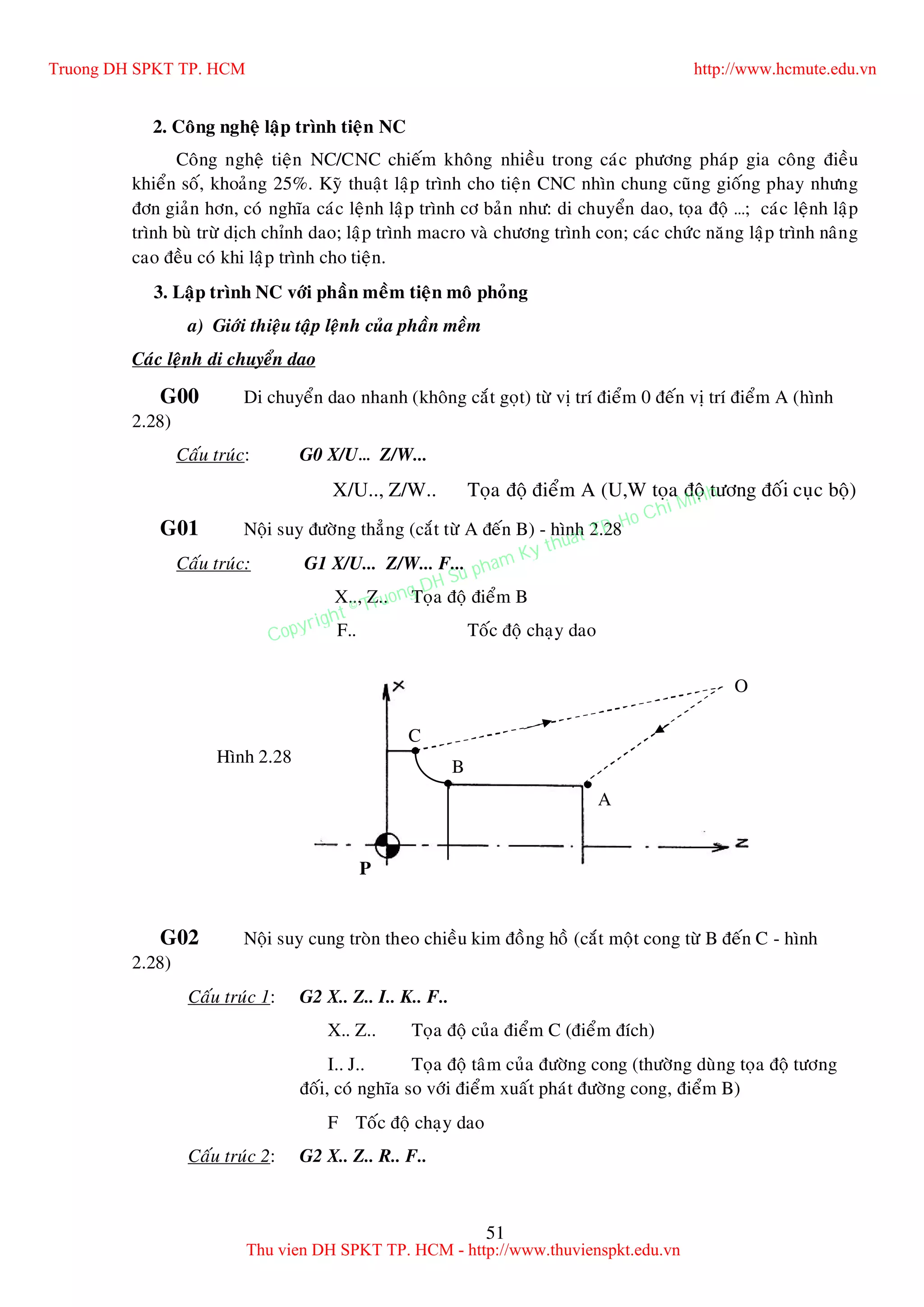 51
2. Coâng ngheä laäp trình tieän NC
Coâng ngheä tieän NC/CNC chieám khoâng nhieàu trong caùc phöông phaùp gia coâng ñieàu
khieån soá, khoaûng 25%. Kyõ thuaät laäp trình cho tieän CNC nhìn chung cuõng gioáng phay nhöng
ñôn giaûn hôn, coù nghóa caùc leänh laäp trình cô baûn nhö: di chuyeån dao, toïa ñoä …; caùc leänh laäp
trình buø tröø dòch chænh dao; laäp trình macro vaø chöông trình con; caùc chöùc naêng laäp trình naâng
cao ñeàu coù khi laäp trình cho tieän.
3. Laäp trình NC vôùi phaàn meàm tieän moâ phoûng
a) Giôùi thieäu taäp leänh cuûa phaàn meàm
Caùc leänh di chuyeån dao
G00 Di chuyeån dao nhanh (khoâng caét goït) töø vò trí ñieåm 0 ñeán vò trí ñieåm A (hình
2.28)
Caáu truùc: G0 X/U… Z/W...
X/U.., Z/W.. Toïa ñoä ñieåm A (U,W toïa ñoä töông ñoái cuïc boä)
G01 Noäi suy ñöôøng thaúng (caét töø A ñeán B) - hình 2.28
Caáu truùc: G1 X/U... Z/W... F...
X.., Z.. Toïa ñoä ñieåm B
F.. Toác ñoä chaïy dao
G02 Noäi suy cung troøn theo chieàu kim ñoàng hoà (caét moät cong töø B ñeán C - hình
2.28)
Caáu truùc 1: G2 X.. Z.. I.. K.. F..
X.. Z.. Toïa ñoä cuûa ñieåm C (ñieåm ñích)
I.. J.. Toïa ñoä taâm cuûa ñöôøng cong (thöôøng duøng toïa ñoä töông
ñoái, coù nghóa so vôùi ñieåm xuaát phaùt ñöôøng cong, ñieåm B)
F Toác ñoä chaïy dao
Caáu truùc 2: G2 X.. Z.. R.. F..
Hình 2.28
C
A
B
O
P
Truong DH SPKT TP. HCM http://www.hcmute.edu.vn
Thu vien DH SPKT TP. HCM - http://www.thuvienspkt.edu.vn
Copyright © Truong DH Su pham Ky thuat TP. Ho Chi Minh
 