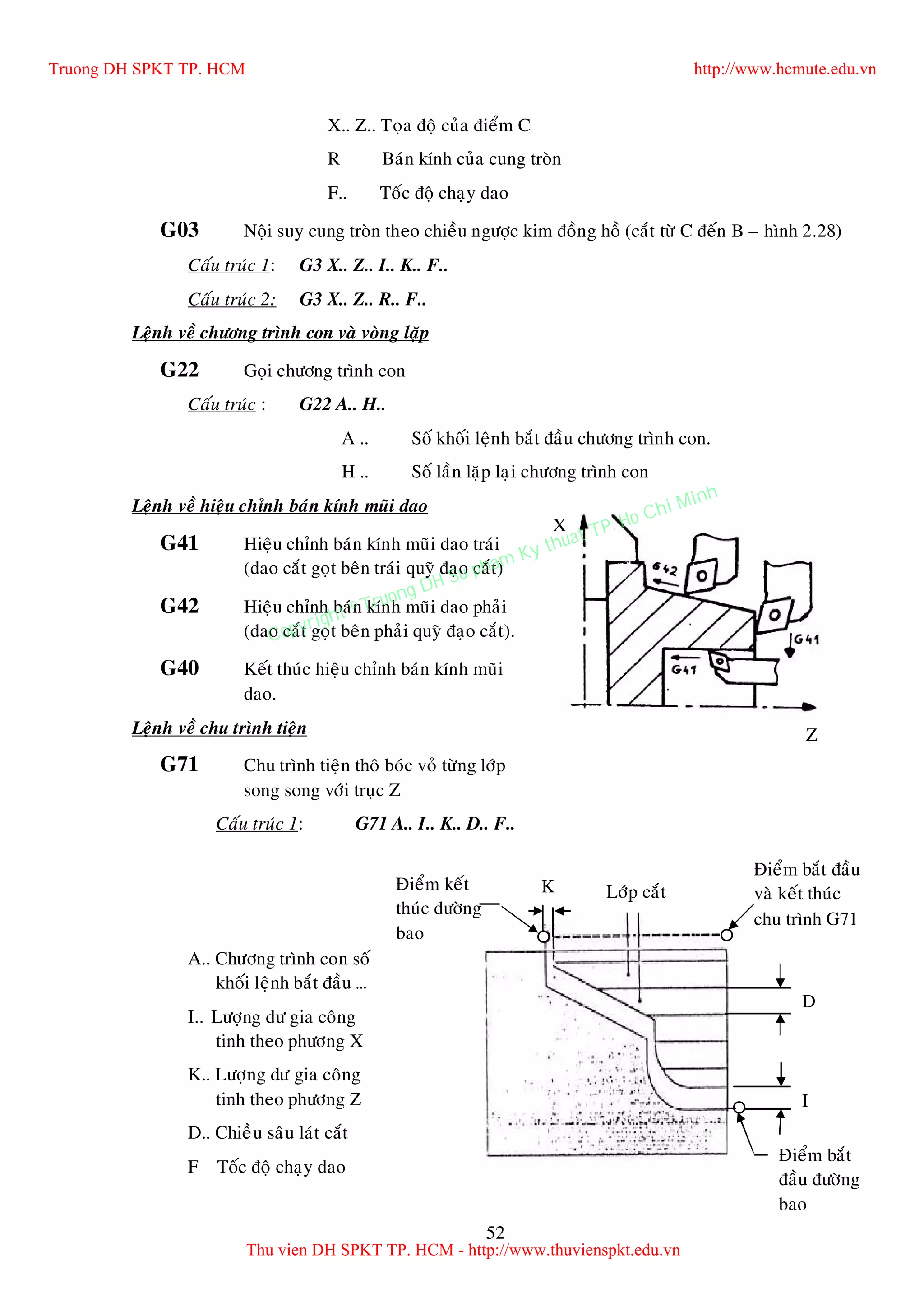 52
X.. Z.. Toïa ñoä cuûa ñieåm C
R Baùn kính cuûa cung troøn
F.. Toác ñoä chaïy dao
G03 Noäi suy cung troøn theo chieàu ngöôïc kim ñoàng hoà (caét töø C ñeán B – hình 2.28)
Caáu truùc 1: G3 X.. Z.. I.. K.. F..
Caáu truùc 2: G3 X.. Z.. R.. F..
Leänh veà chöông trình con vaø voøng laëp
G22 Goïi chöông trình con
Caáu truùc : G22 A.. H..
A .. Soá khoái leänh baét ñaàu chöông trình con.
H .. Soá laàn laëp laïi chöông trình con
Leänh veà hieäu chænh baùn kính muõi dao
G41 Hieäu chænh baùn kính muõi dao traùi
(dao caét goït beân traùi quyõ ñaïo caét)
G42 Hieäu chænh baùn kính muõi dao phaûi
(dao caét goït beân phaûi quyõ ñaïo caét).
G40 Keát thuùc hieäu chænh baùn kính muõi
dao.
Leänh veà chu trình tieän
G71 Chu trình tieän thoâ boùc voû töøng lôùp
song song vôùi truïc Z
Caáu truùc 1: G71 A.. I.. K.. D.. F..
A.. Chöông trình con soá
khoái leänh baét ñaàu …
I.. Löôïng dö gia coâng
tinh theo phöông X
K.. Löôïng dö gia coâng
tinh theo phöông Z
D.. Chieàu saâu laùt caét
F Toác ñoä chaïy dao
Z
X
I
K Lôùp caét
D
Ñieåm baét
ñaàu ñöôøng
bao
Ñieåm keát
thuùc ñöôøng
bao
Ñieåm baét ñaàu
vaø keát thuùc
chu trình G71
Truong DH SPKT TP. HCM http://www.hcmute.edu.vn
Thu vien DH SPKT TP. HCM - http://www.thuvienspkt.edu.vn
Copyright © Truong DH Su pham Ky thuat TP. Ho Chi Minh
 