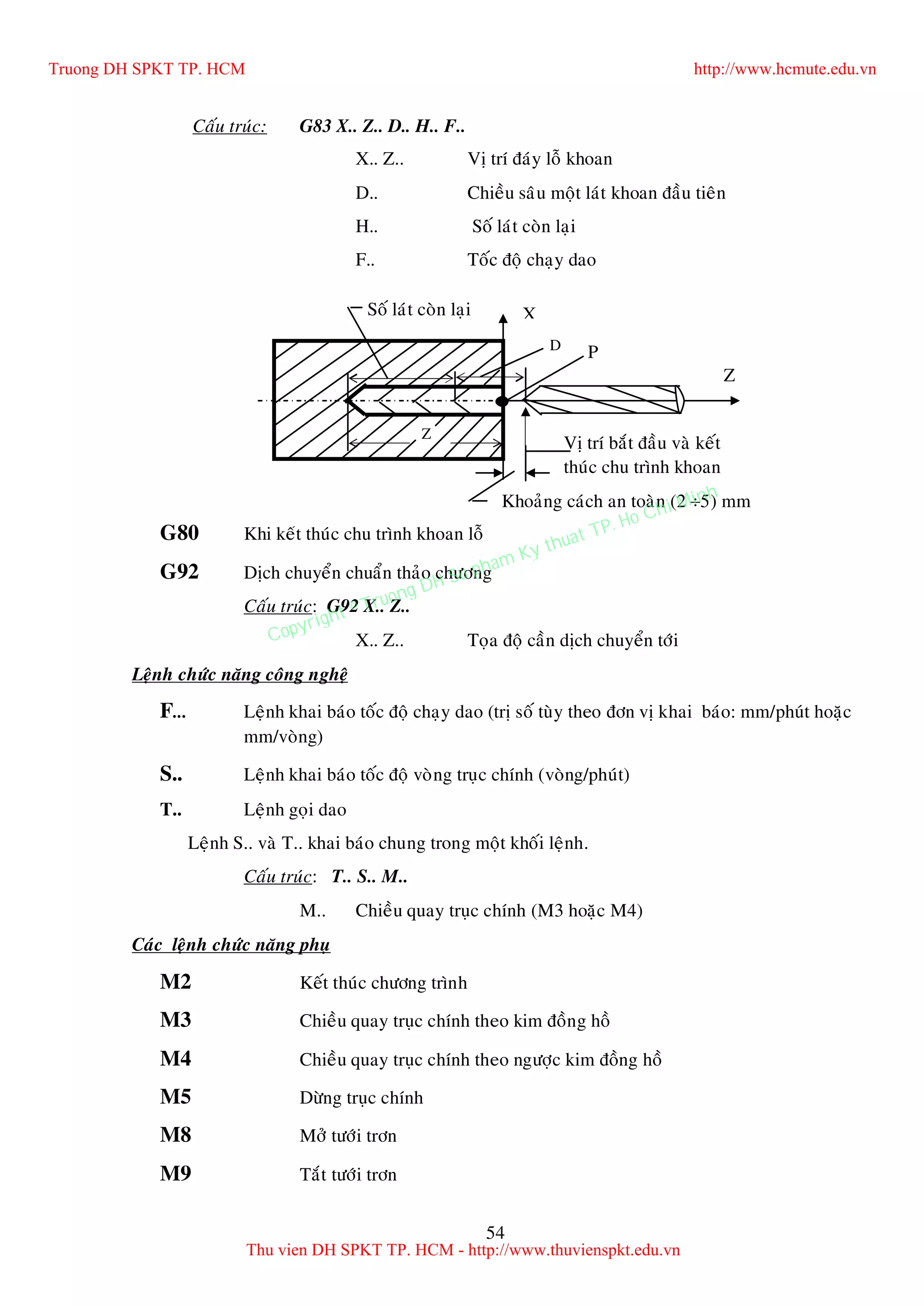 54
Caáu truùc: G83 X.. Z.. D.. H.. F..
X.. Z.. Vò trí ñaùy loã khoan
D.. Chieàu saâu moät laùt khoan ñaàu tieân
H.. Soá laùt coøn laïi
F.. Toác ñoä chaïy dao
G80 Khi keát thuùc chu trình khoan loã
G92 Dòch chuyeån chuaån thaûo chöông
Caáu truùc: G92 X.. Z..
X.. Z.. Toïa ñoä caàn dòch chuyeån tôùi
Leänh chöùc naêng coâng ngheä
F… Leänh khai baùo toác ñoä chaïy dao (trò soá tuøy theo ñôn vò khai baùo: mm/phuùt hoaëc
mm/voøng)
S.. Leänh khai baùo toác ñoä voøng truïc chính (voøng/phuùt)
T.. Leänh goïi dao
Leänh S.. vaø T.. khai baùo chung trong moät khoái leänh.
Caáu truùc: T.. S.. M..
M.. Chieàu quay truïc chính (M3 hoaëc M4)
Caùc leänh chöùc naêng phuï
M2 Keát thuùc chöông trình
M3 Chieàu quay truïc chính theo kim ñoàng hoà
M4 Chieàu quay truïc chính theo ngöôïc kim ñoàng hoà
M5 Döøng truïc chính
M8 Môû töôùi trôn
M9 Taét töôùi trôn
Z
Vò trí baét ñaàu vaø keát
thuùc chu trình khoan
D
Khoaûng caùch an toaøn (2 5) mm
Soá laùt coøn laïi
Z
X
P
Truong DH SPKT TP. HCM http://www.hcmute.edu.vn
Thu vien DH SPKT TP. HCM - http://www.thuvienspkt.edu.vn
Copyright © Truong DH Su pham Ky thuat TP. Ho Chi Minh
 