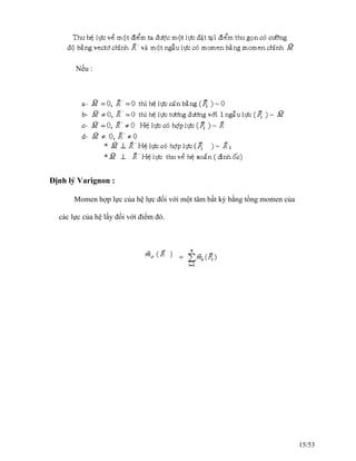Nếu :
Định lý Varignon :
Momen hợp lực của hệ lực đối với một tâm bất kỳ bằng tổng momen của
các lực của hệ lấy đối với điểm đó.
15/53
 