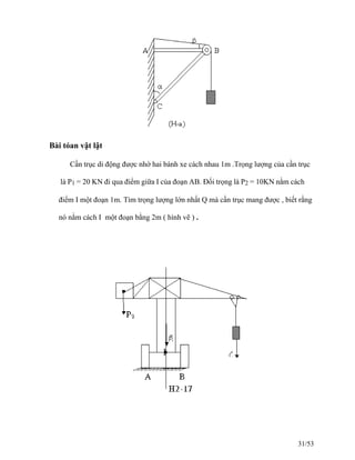 Bài tóan vật lật
Cần trục di động được nhờ hai bánh xe cách nhau 1m .Trọng lượng của cần trục
là P1 = 20 KN đi qua điểm giữa I của đoạn AB. Đối trọng là P2 = 10KN nằm cách
điểm I một đoạn 1m. Tìm trọng lượng lớn nhất Q mà cần trục mang được , biết rằng
nó nằm cách I một đoạn bằng 2m ( hình vẽ ) .
31/53
 