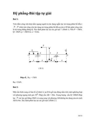 Hệ phẳng-Bài tập tự giải
Bai 1:
Trên dầm công xôn kép nằm ngang người ta tác dụng ngẫu lực tải trọng phân bố đều (
→
P ,
→
P ),bên trái công xôn tác dụng tải trọng phân bố đều p,còn ở D bên phải công xôn
là tải trọng thẳng đứng Q. Xác định phản lực tại các giá tựa ?. (Hình 1). Nếu P = 10kN;
Q= 20kN; p = 20kN/m; a = 0,8m.
( H.1)
Đáp số: RA = 15kN
RB =21kN.
Bai 2:
Một cầu hình cung có bản lề cố định A, tại B là gối tựa động nằm trên mặt nghiêng hợp
với phương ngang một góc 300
. Nhịp cầu AB = 20m .Trọng lượng cầu Q=100kN.Hợp
lực
→
F các lực gió bằng 20kN và song song với phương AB đường tác dụng của nó cách
AB là 4m. Xác định phản lực tại các gối tựa?.(Hình 2 ).
38/53
 